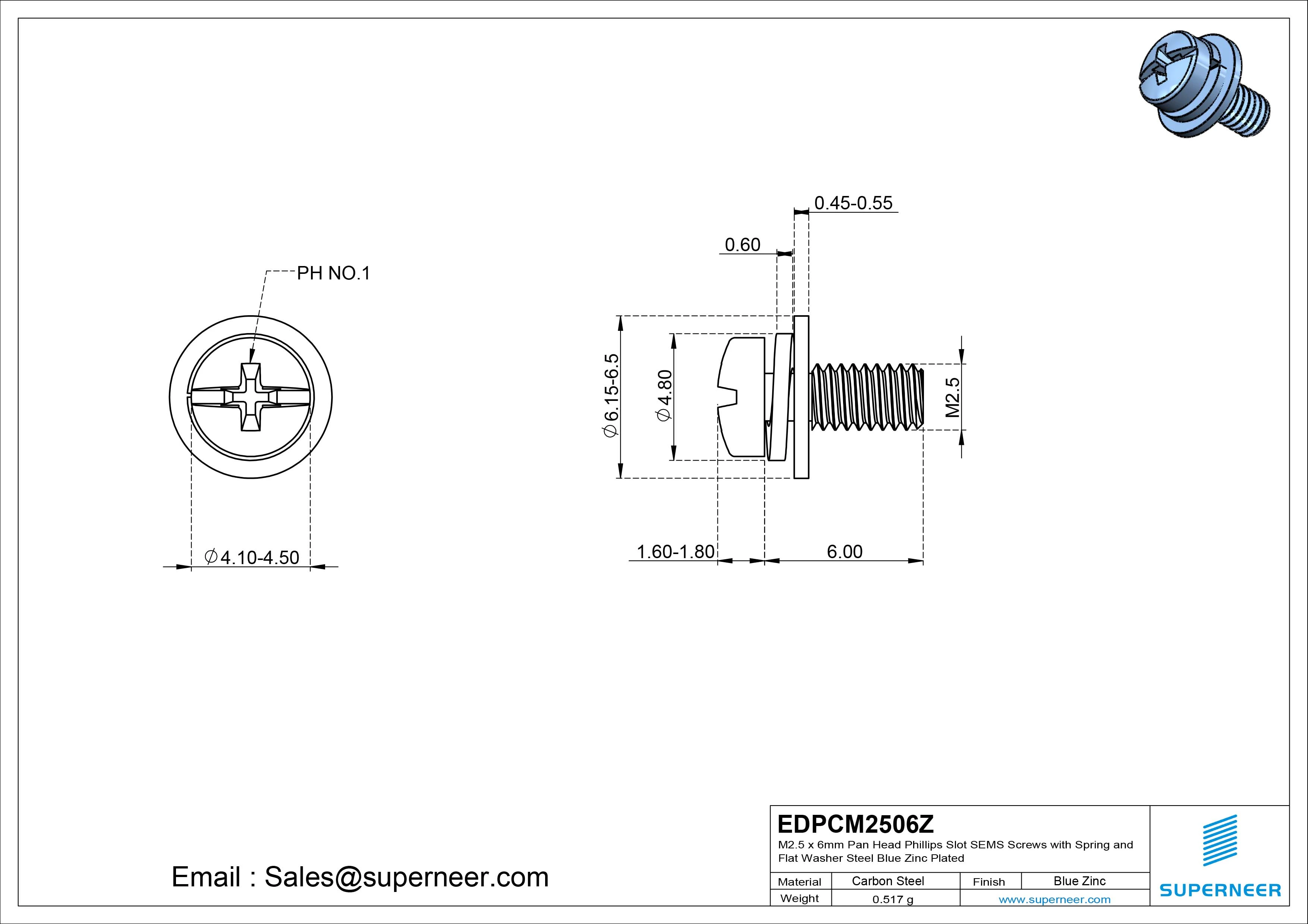 M2.5 x 6mm Pan Head Phillips Slot SEMS Screws with Spring and Flat Washer Steel Blue Zinc Plated