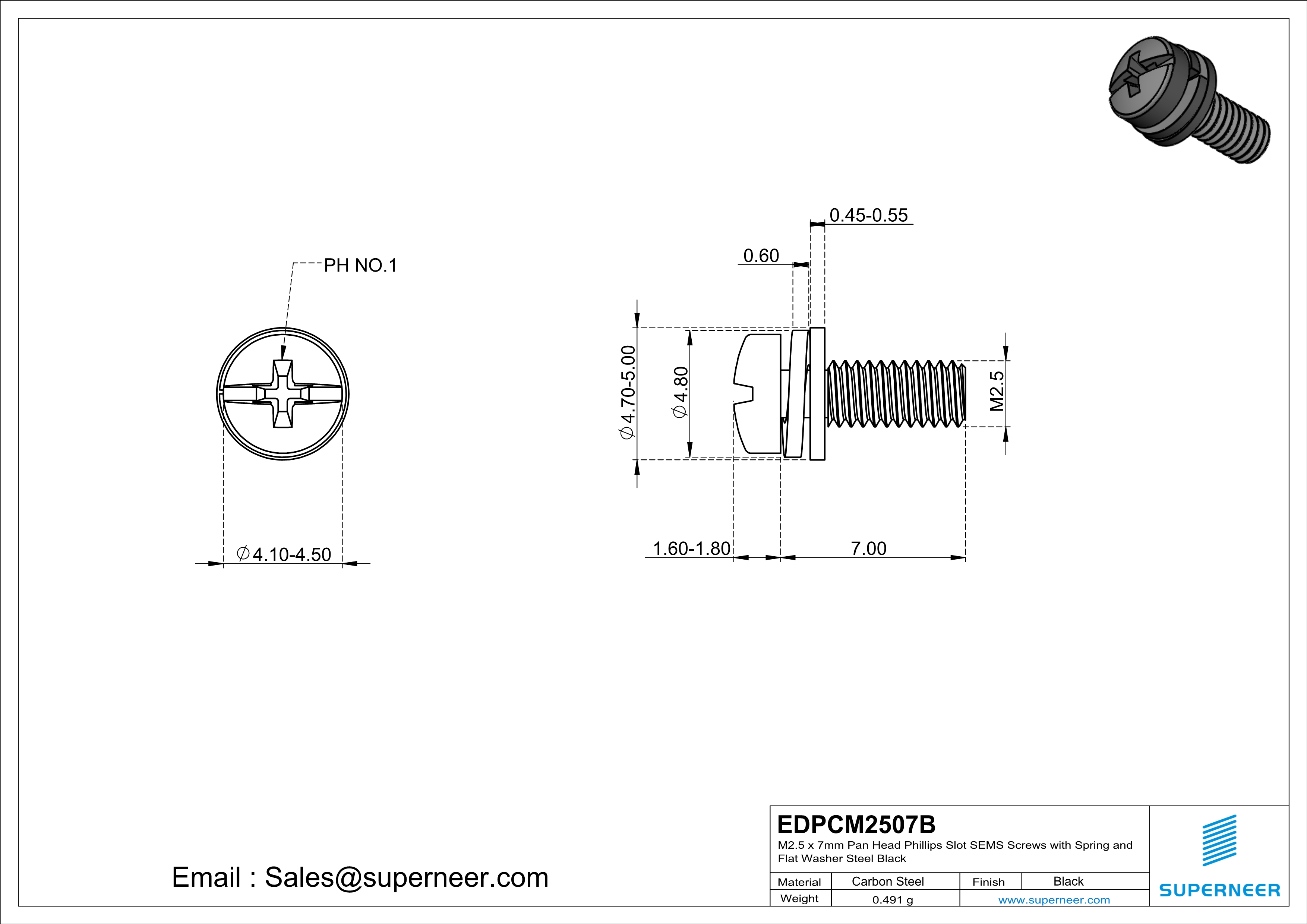 M2.5 x 7mm Pan Head Phillips Slot SEMS Screws with Spring and Flat Washer Steel Black