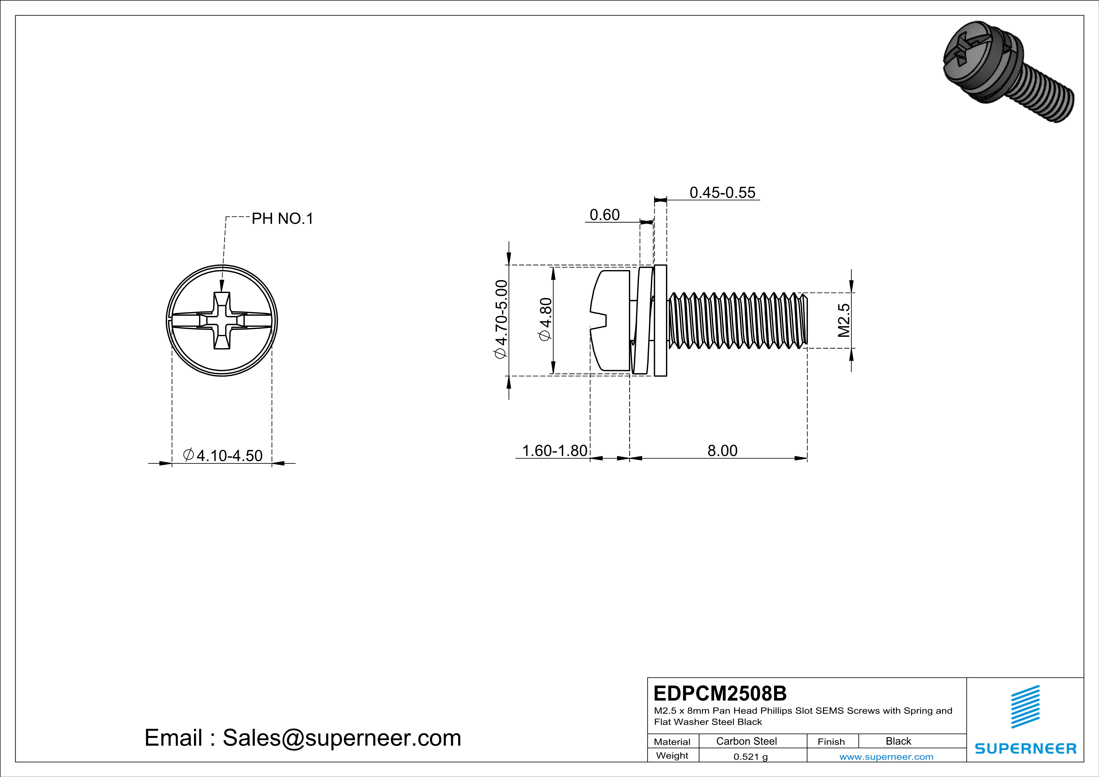 M2.5 x 8mm Pan Head Phillips Slot SEMS Screws with Spring and Flat Washer Steel Black