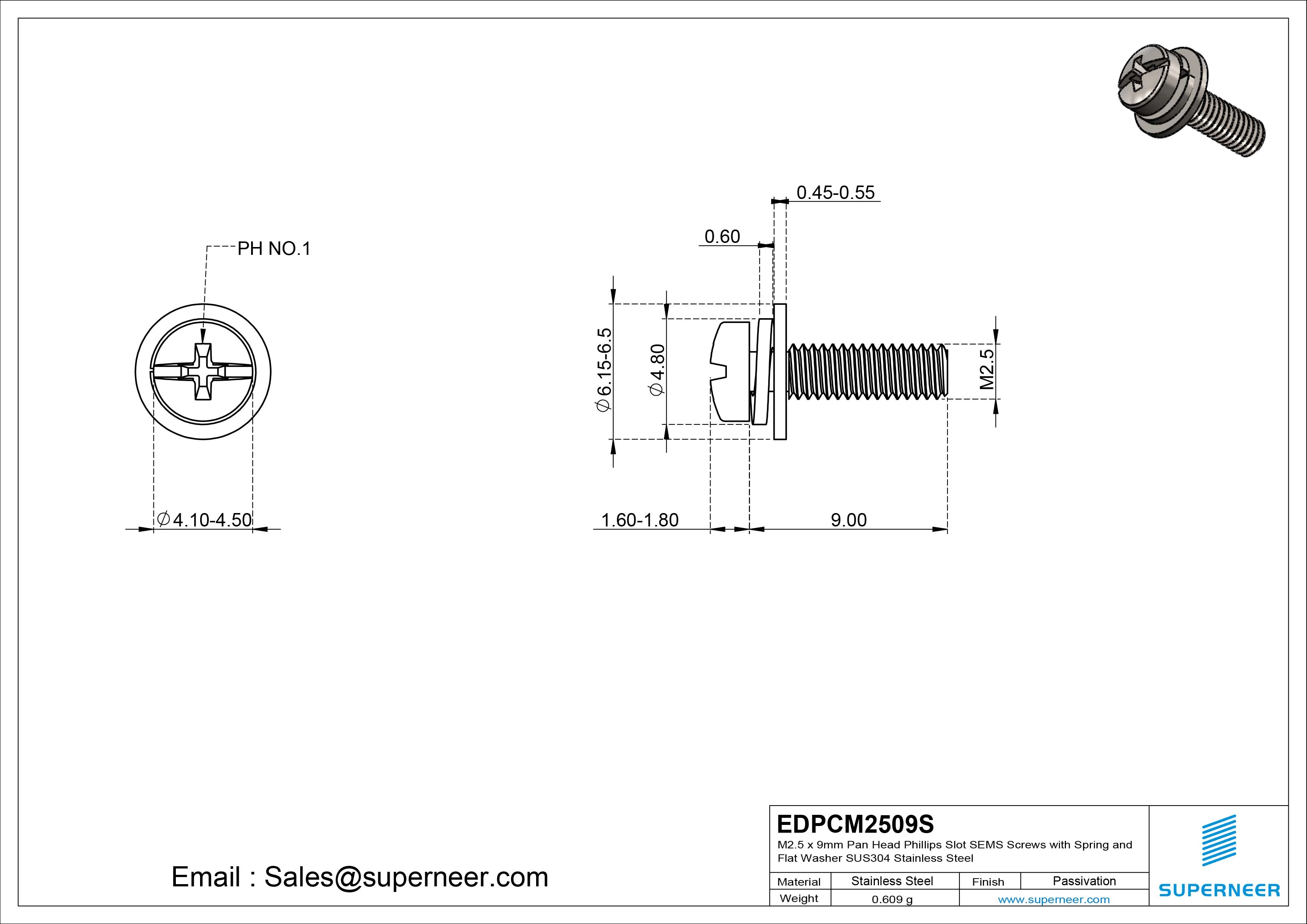 M2.5 x 9mm Pan Head Phillips Slot SEMS Screws with Spring and Flat Washer SUS304 Stainless Steel Inox
