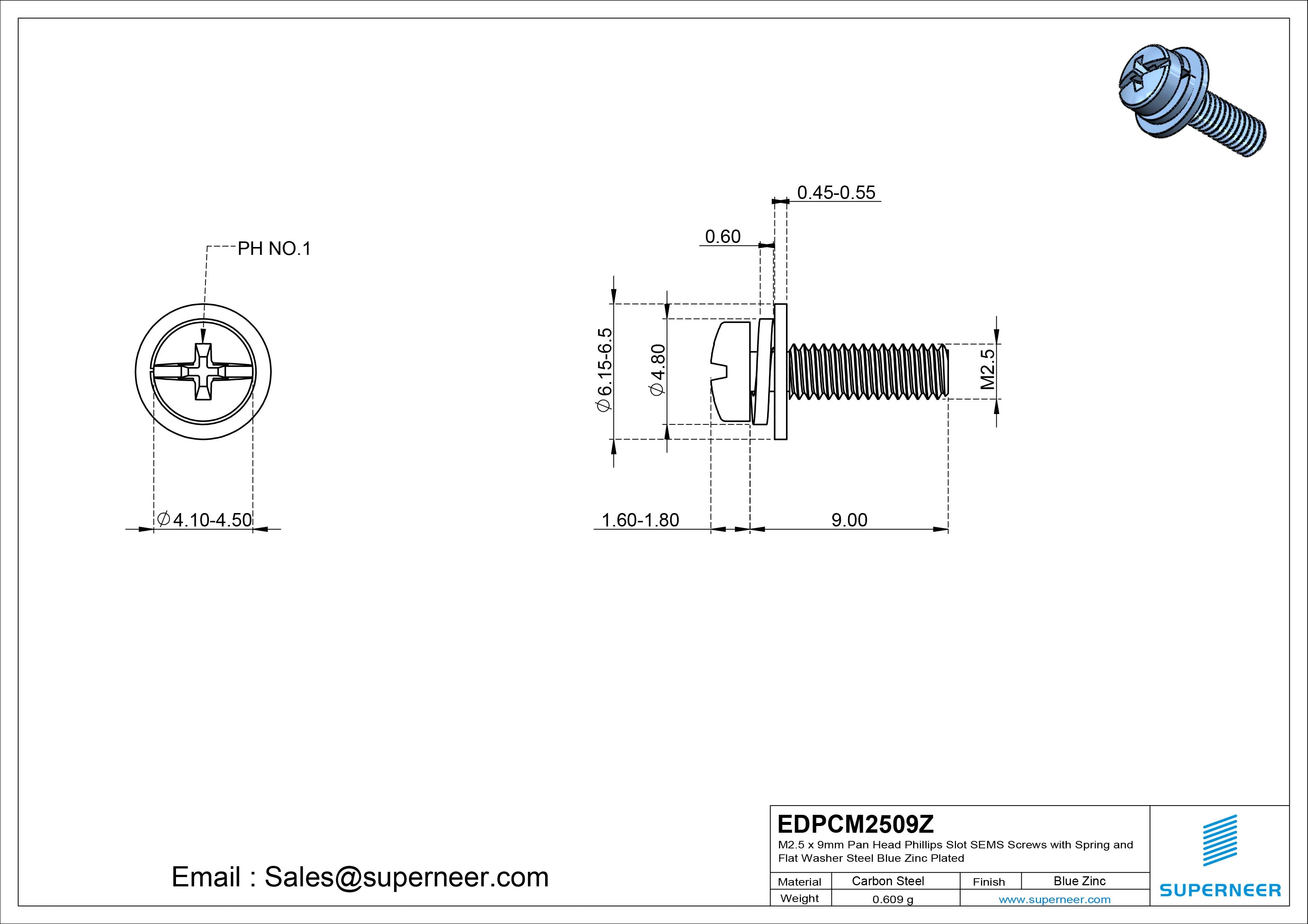 M2.5 x 9mm Pan Head Phillips Slot SEMS Screws with Spring and Flat Washer Steel Blue Zinc Plated