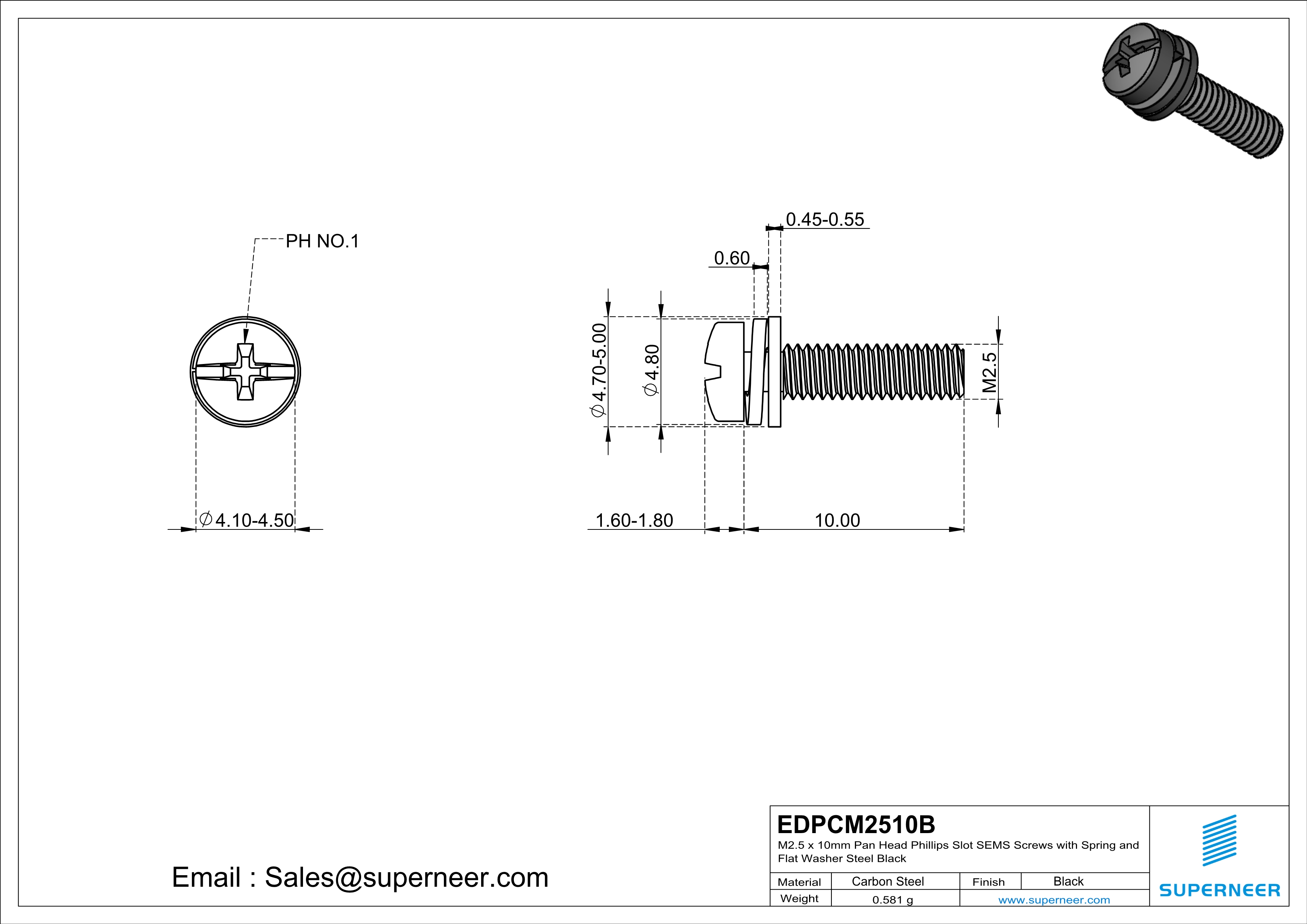 M2.5 x 10mm Pan Head Phillips Slot SEMS Screws with Spring and Flat Washer Steel Black