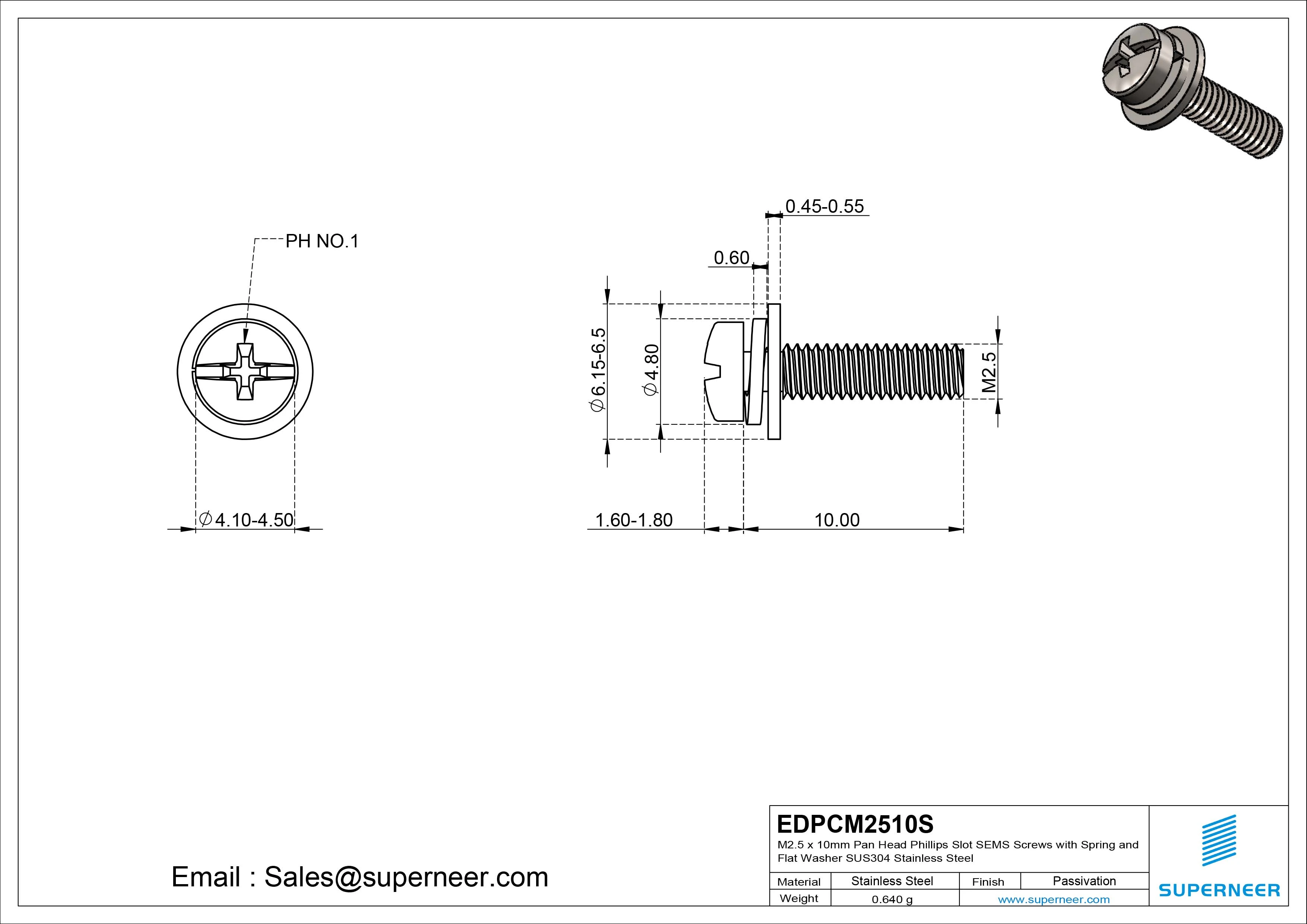 M2.5 x 10mm Pan Head Phillips Slot SEMS Screws with Spring and Flat Washer SUS304 Stainless Steel Inox