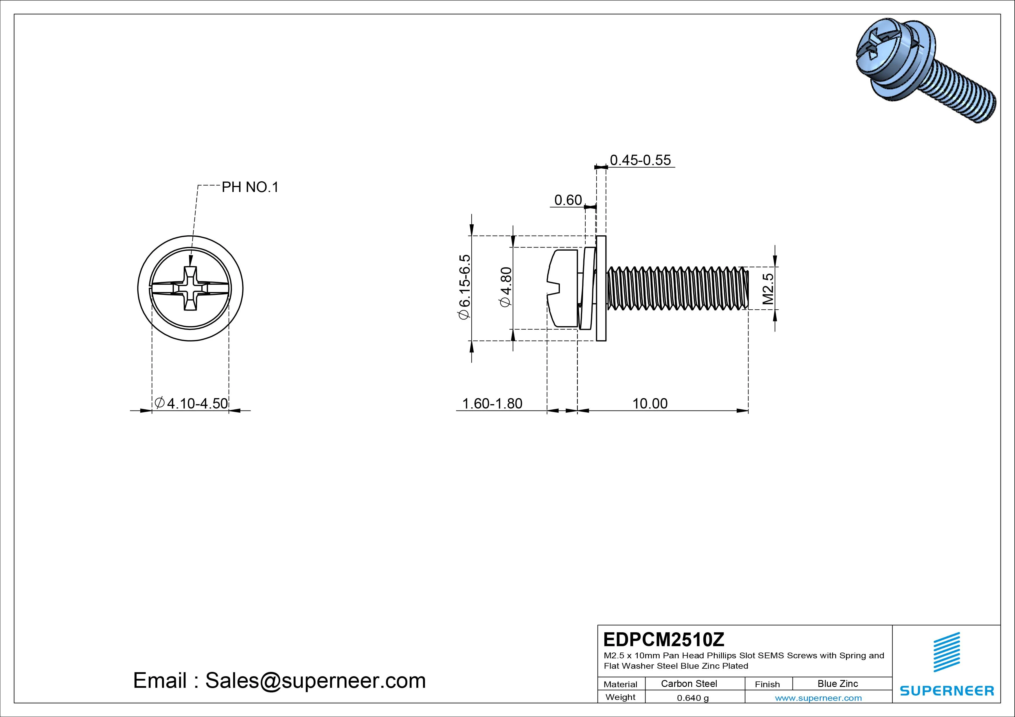 M2.5 x 10mm Pan Head Phillips Slot SEMS Screws with Spring and Flat Washer Steel Blue Zinc Plated