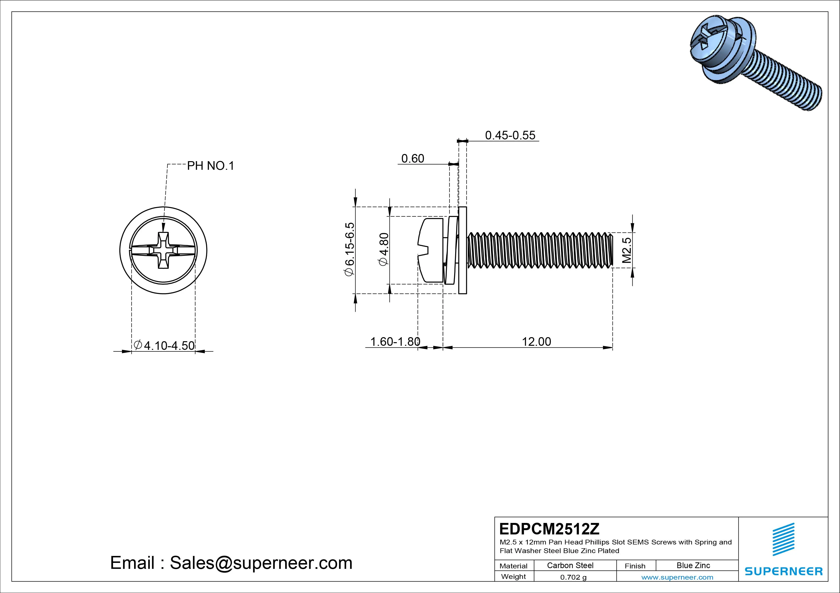 M2.5 x 12mm Pan Head Phillips Slot SEMS Screws with Spring and Flat Washer Steel Blue Zinc Plated