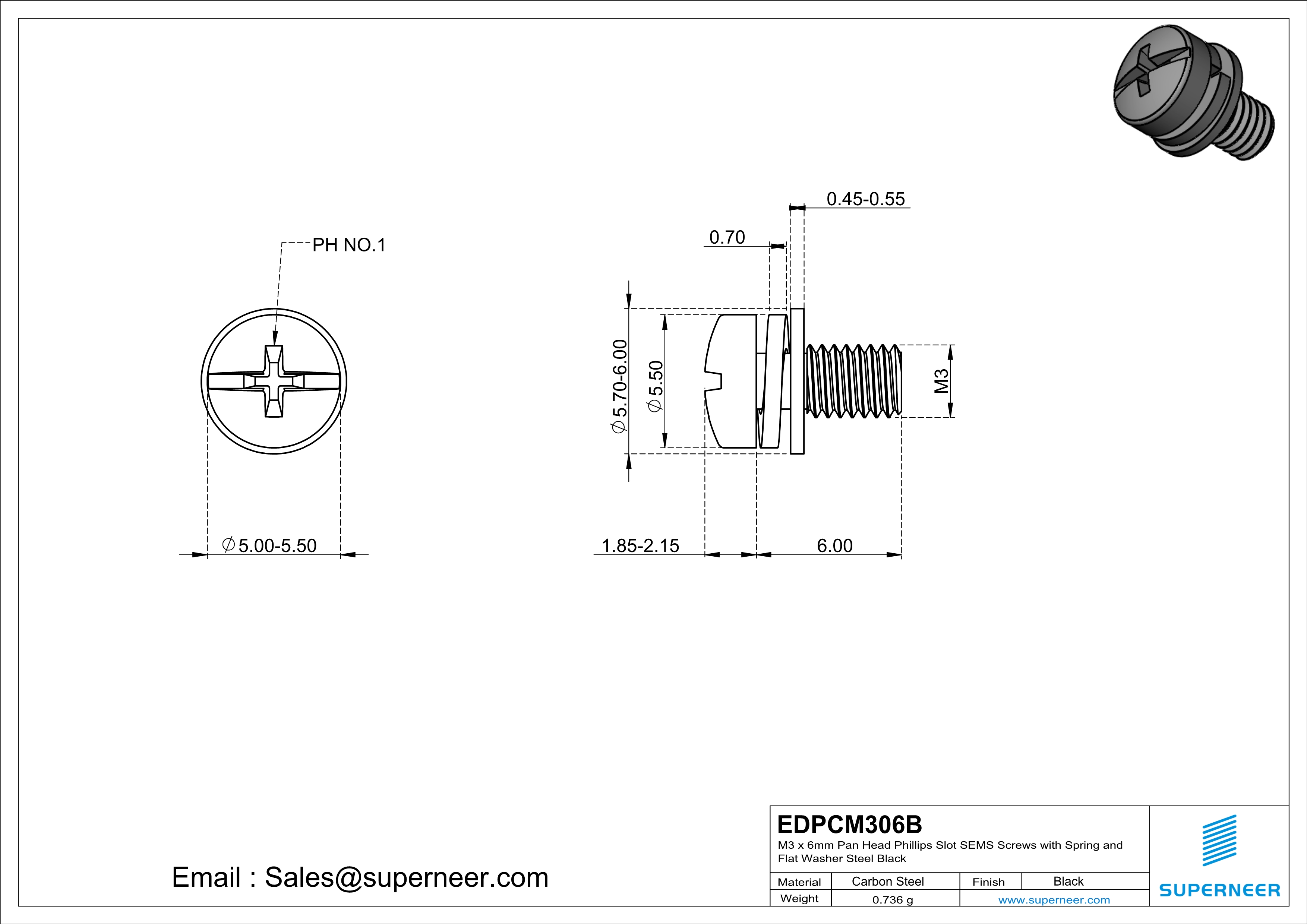 M3 x 6mm Pan Head Phillips Slot SEMS Screws with Spring and Flat Washer Steel Black