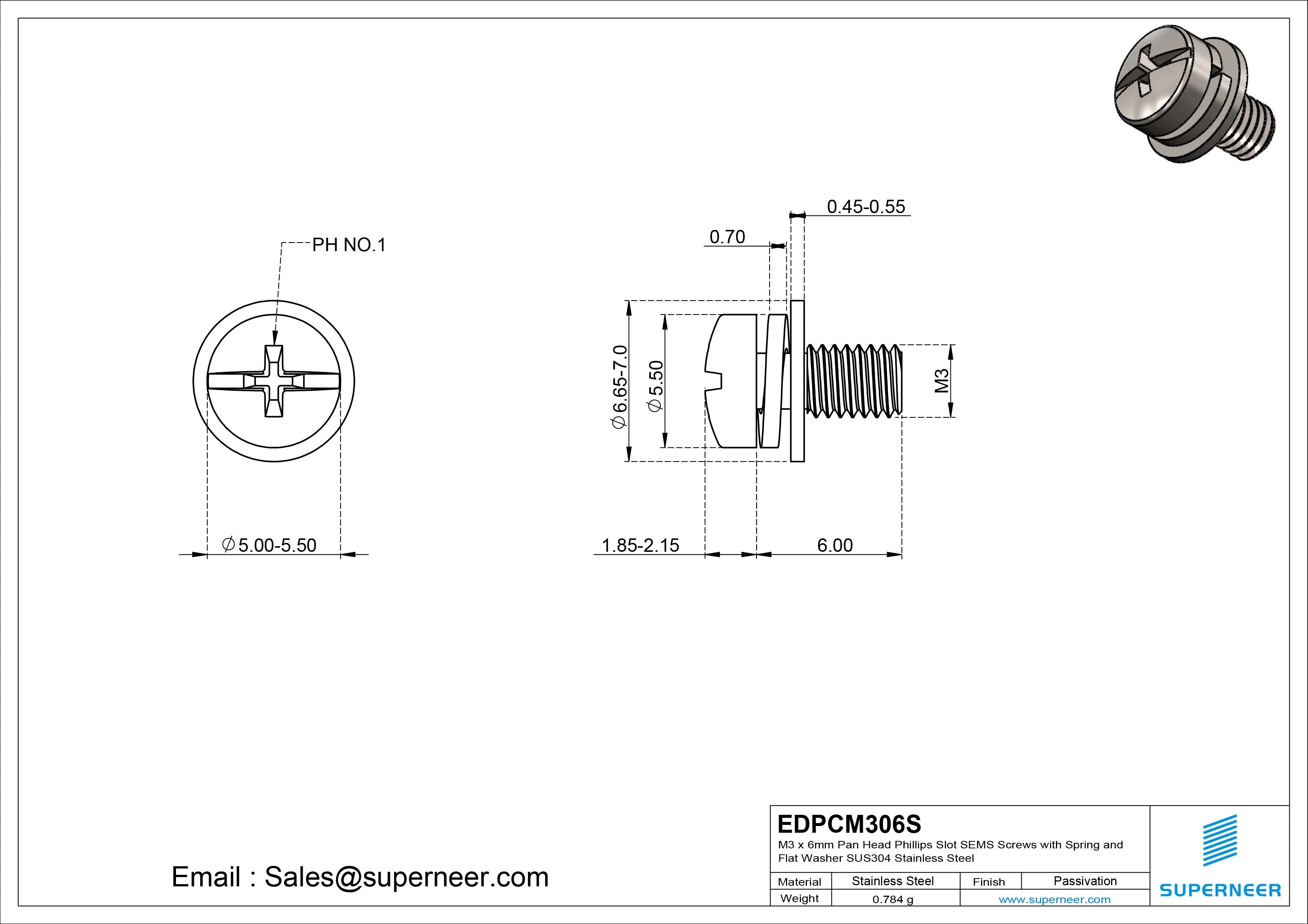 M3 x 6mm Pan Head Phillips Slot SEMS Screws with Spring and Flat Washer SUS304 Stainless Steel Inox