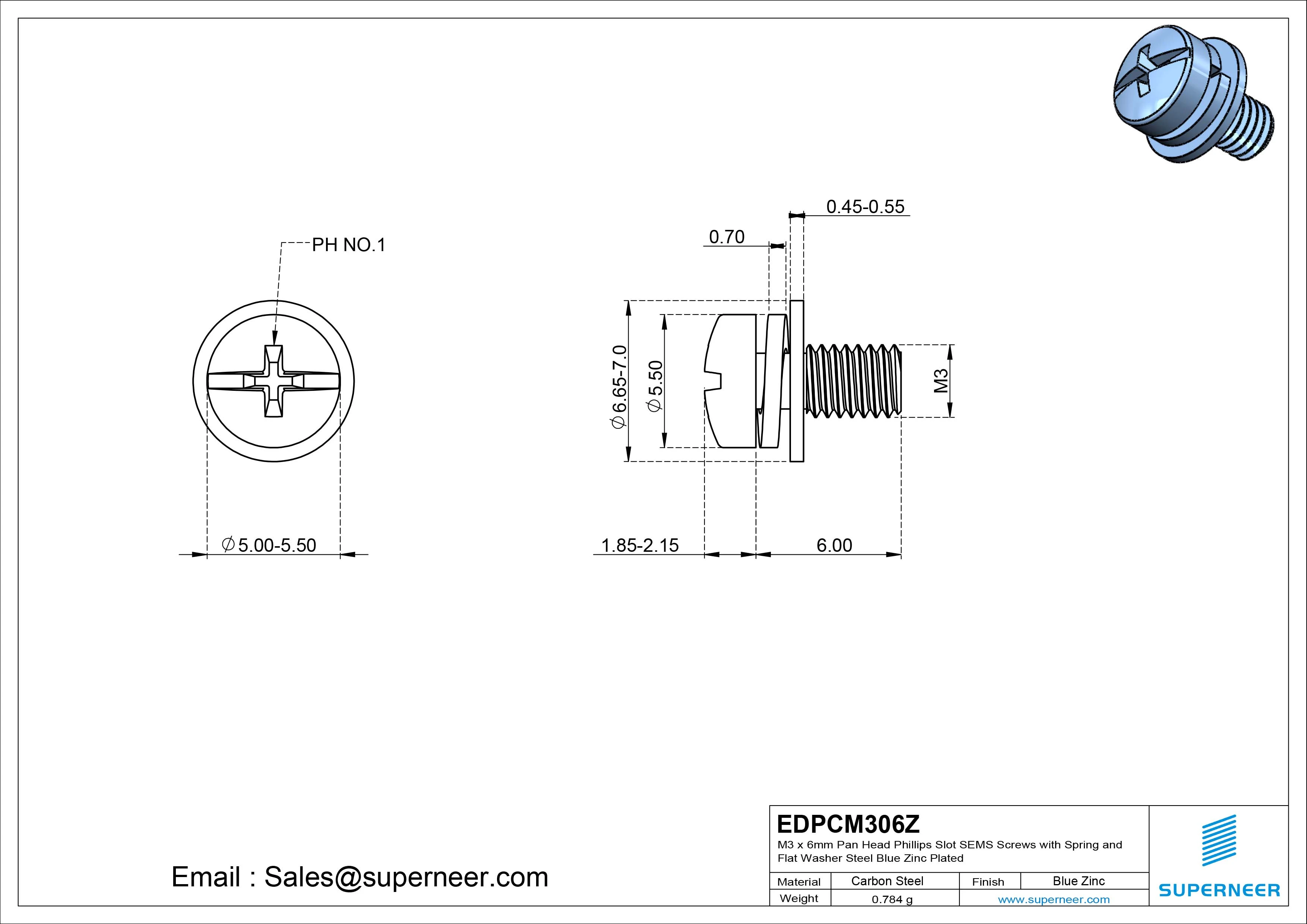 M3 x 6mm Pan Head Phillips Slot SEMS Screws with Spring and Flat Washer Steel Blue Zinc Plated