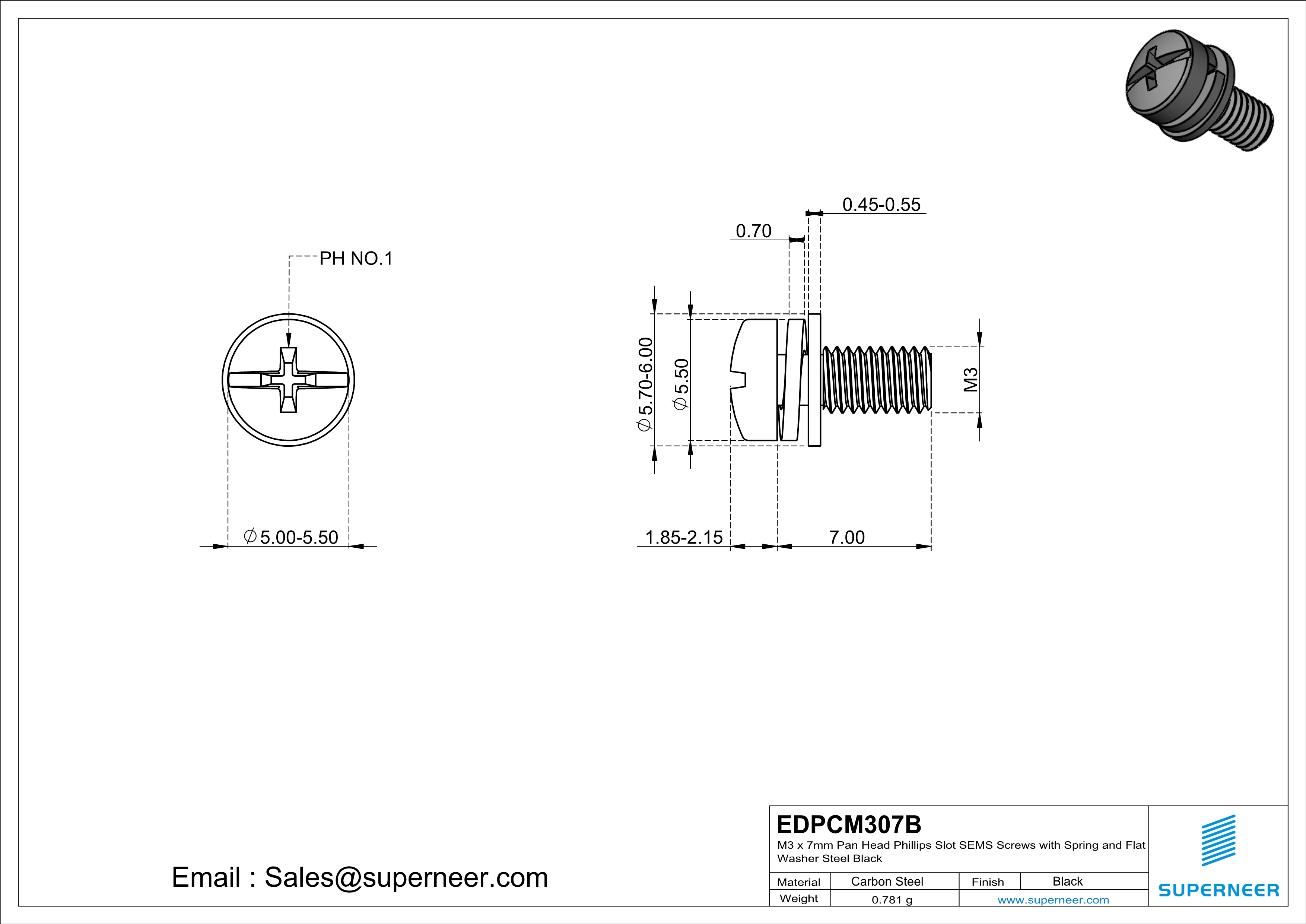 M3 x 7mm Pan Head Phillips Slot SEMS Screws with Spring and Flat Washer Steel Black