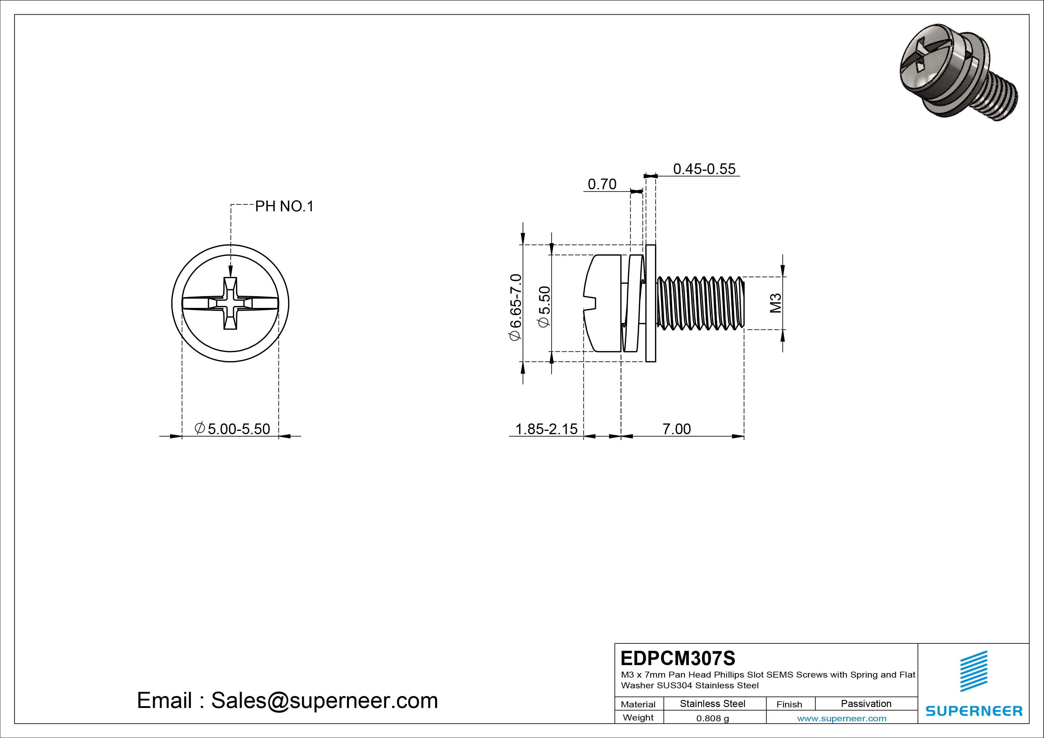 M3 x 7mm Pan Head Phillips Slot SEMS Screws with Spring and Flat Washer SUS304 Stainless Steel Inox