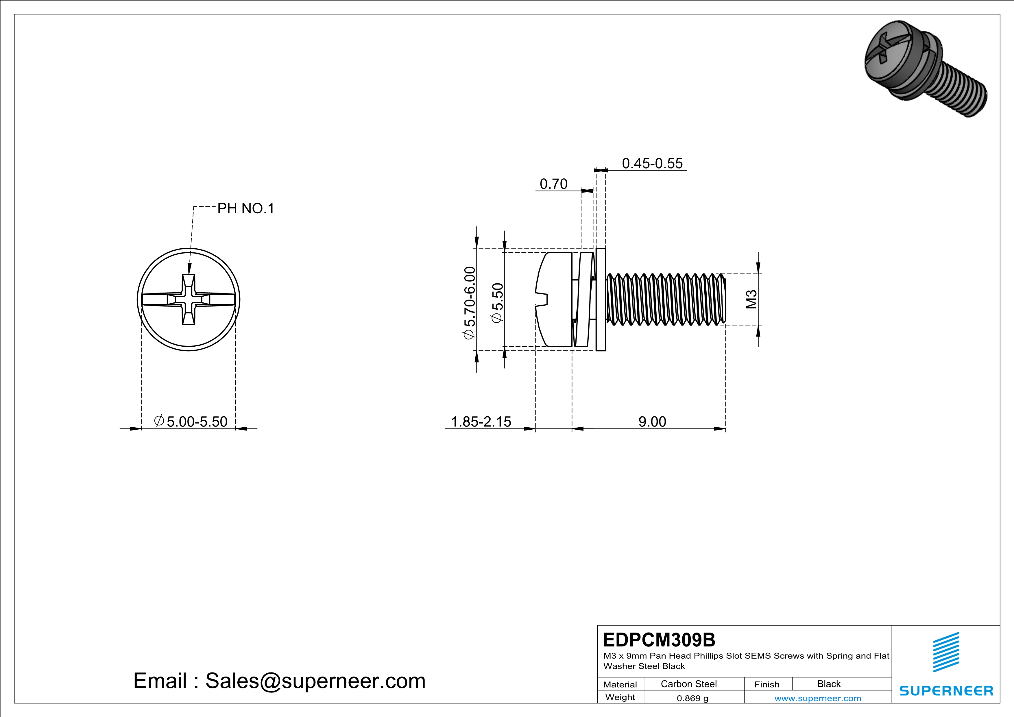M3 x 9mm Pan Head Phillips Slot SEMS Screws with Spring and Flat Washer Steel Black