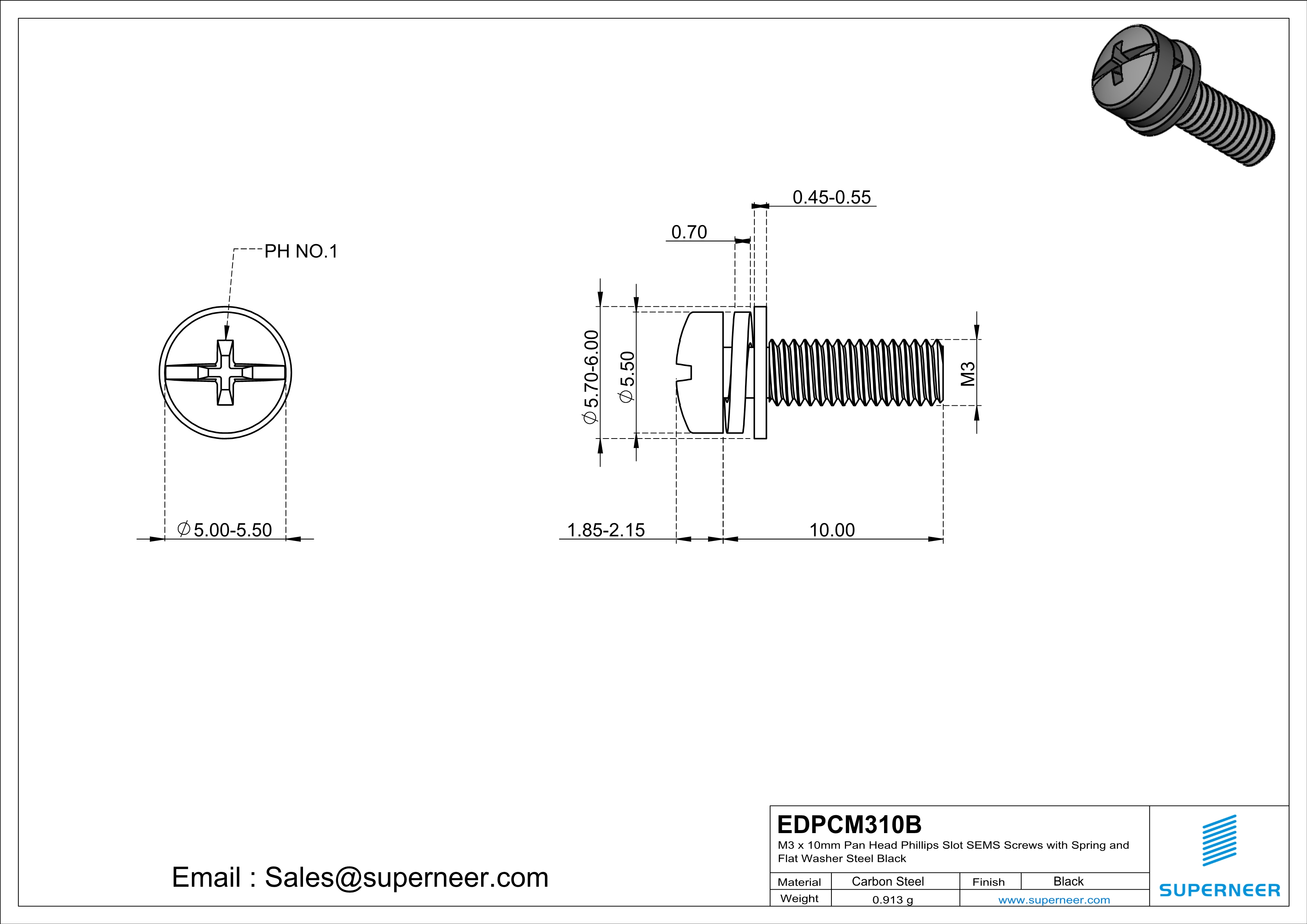 M3 x 10mm Pan Head Phillips Slot SEMS Screws with Spring and Flat Washer Steel Black
