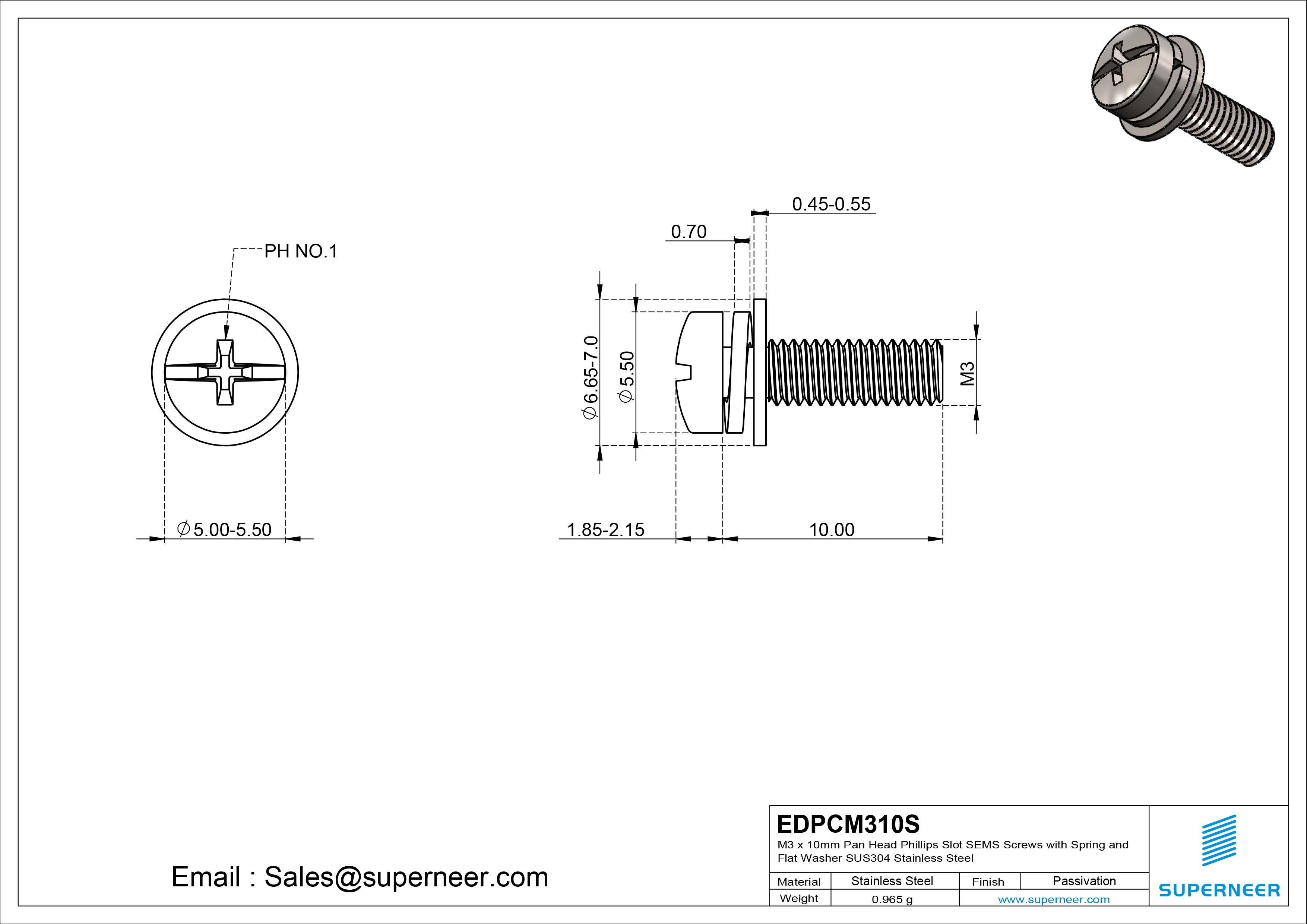 M3 x 10mm Pan Head Phillips Slot SEMS Screws with Spring and Flat Washer SUS304 Stainless Steel Inox