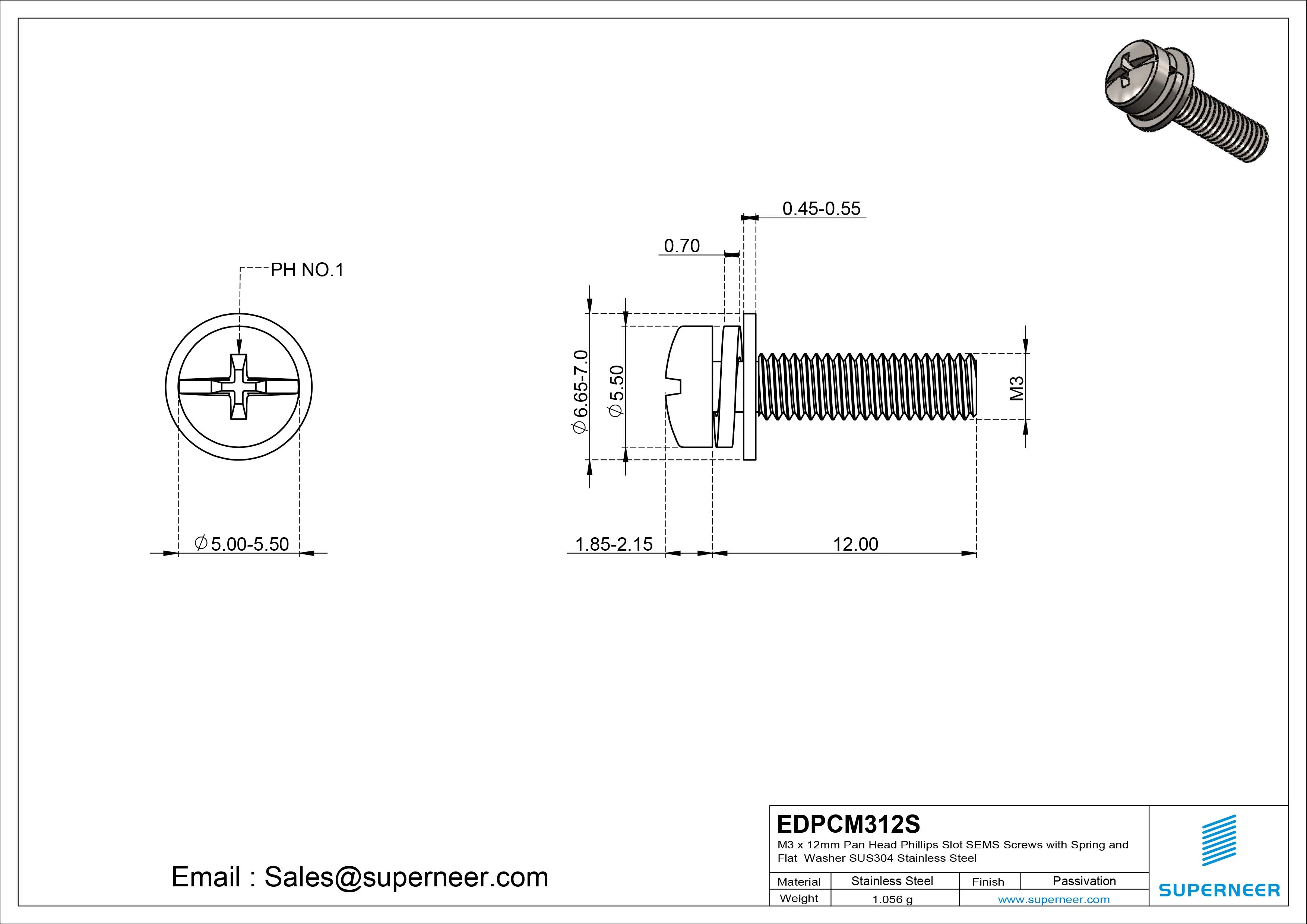 M3 x 12mm Pan Head Phillips Slot SEMS Screws with Spring and Flat Washer SUS304 Stainless Steel Inox