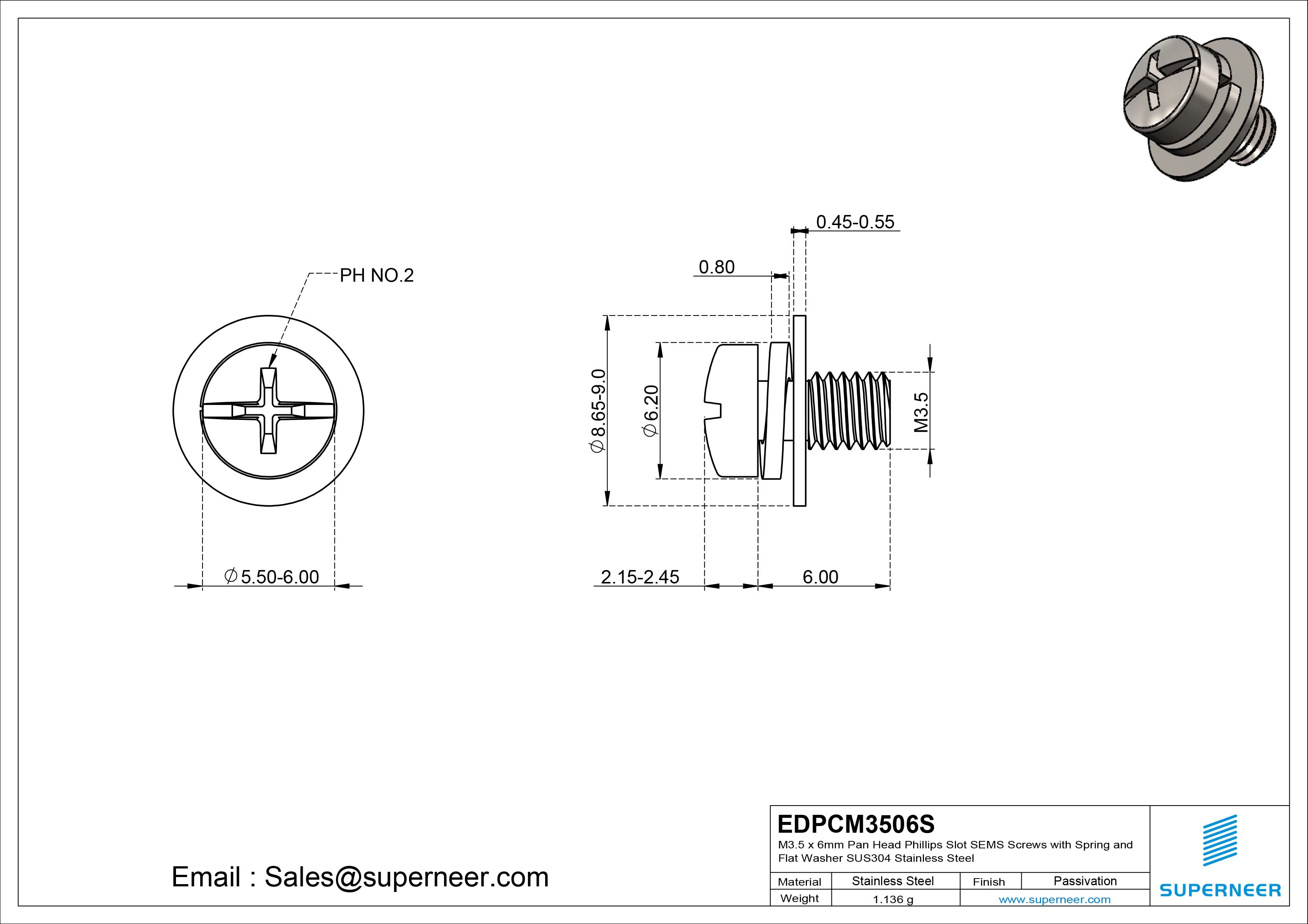 M3.5 x 6mm Pan Head Phillips Slot SEMS Screws with Spring and Flat Washer SUS304 Stainless Steel Inox