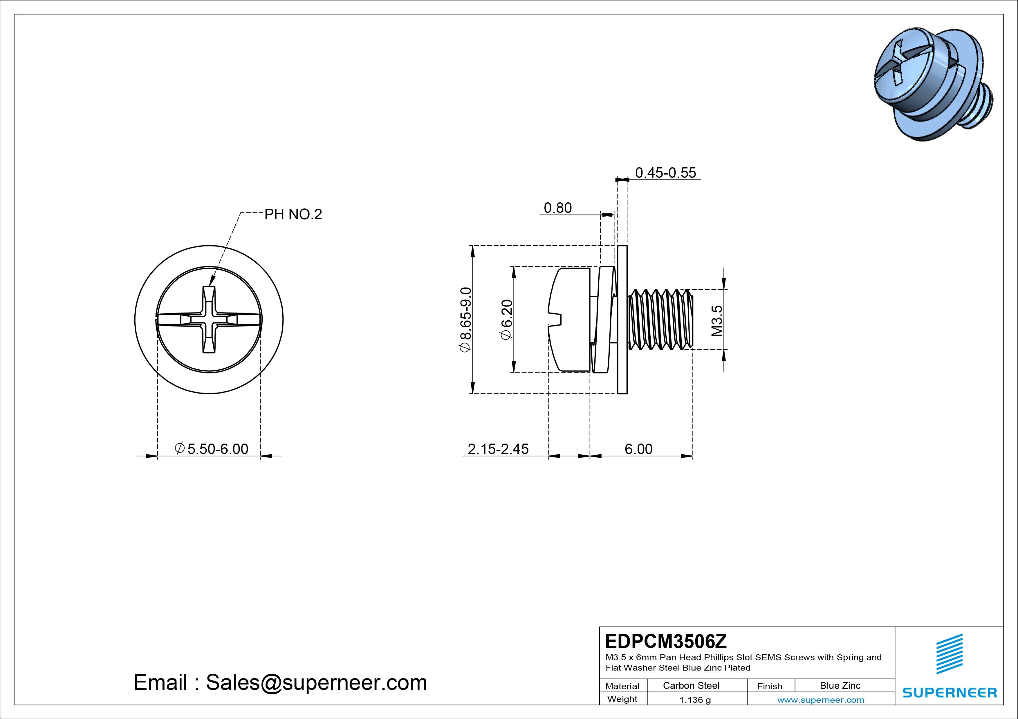 M3.5 x 6mm Pan Head Phillips Slot SEMS Screws with Spring and Flat Washer Steel Blue Zinc Plated