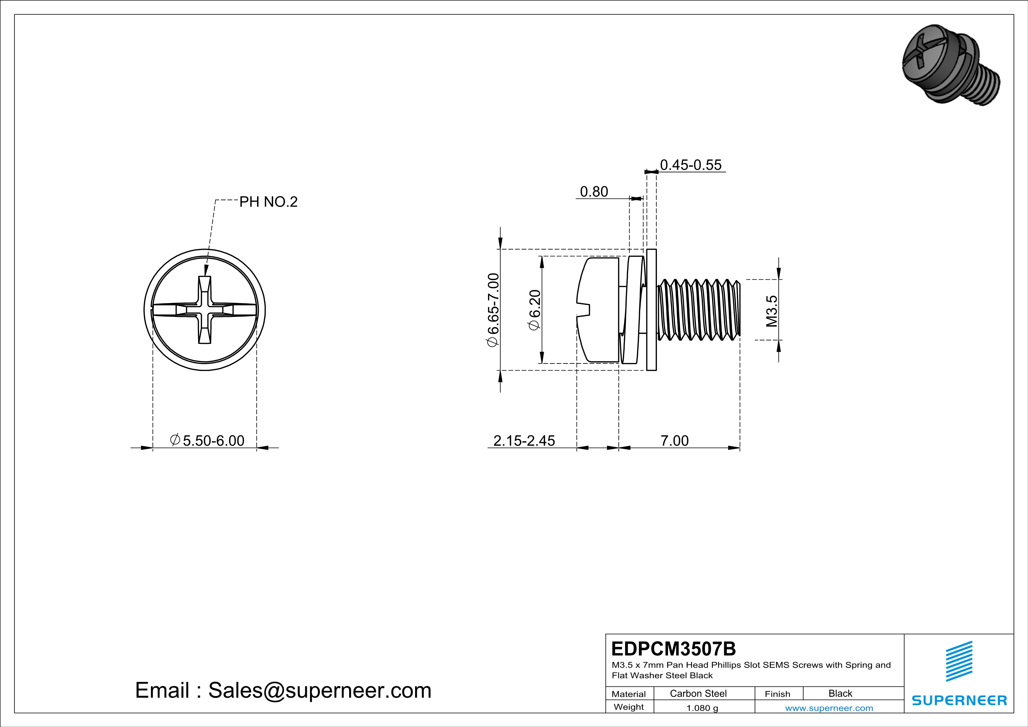 M3.5 x 7mm Pan Head Phillips Slot SEMS Screws with Spring and Flat Washer Steel Black