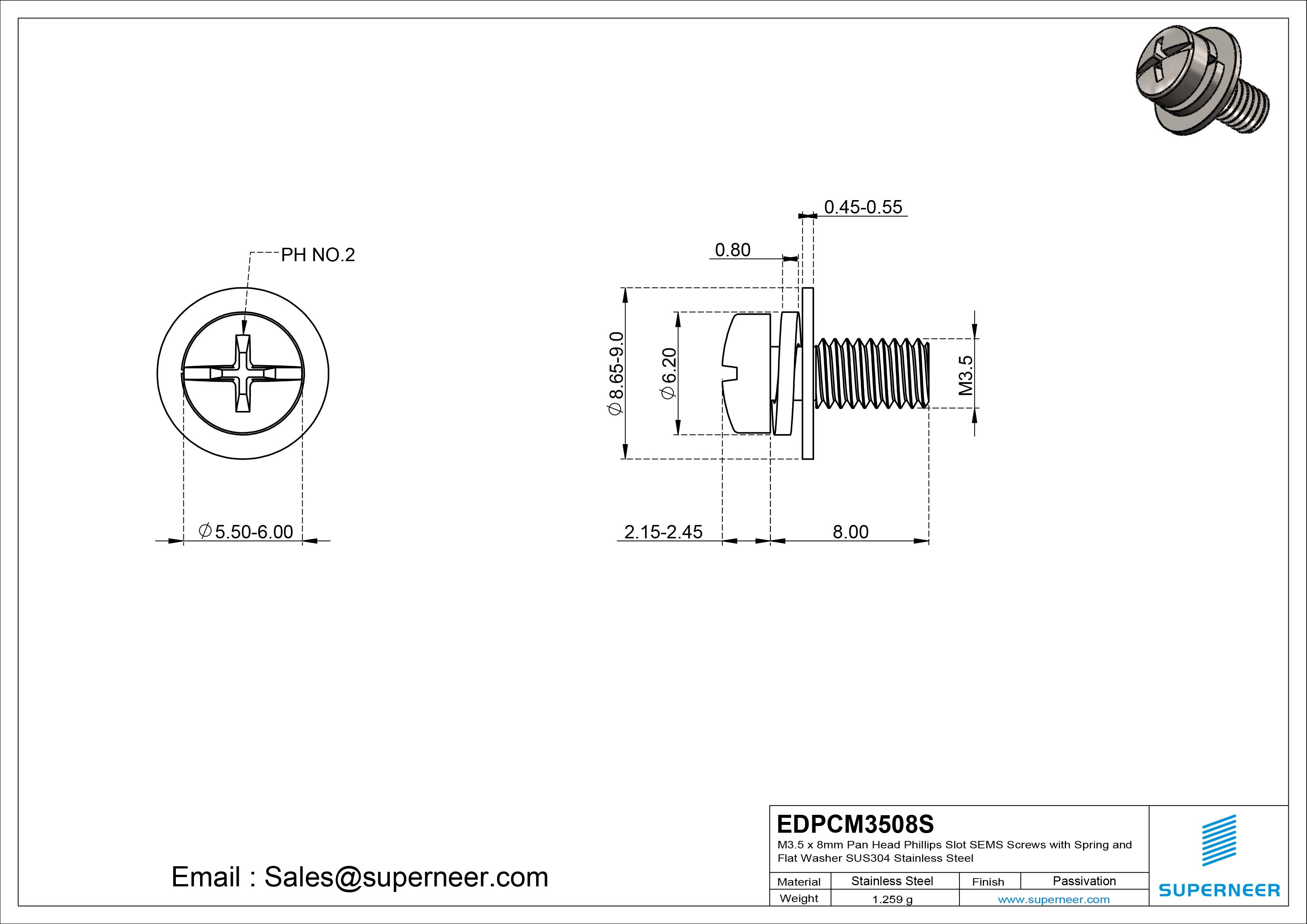 M3.5 x 8mm Pan Head Phillips Slot SEMS Screws with Spring and Flat Washer SUS304 Stainless Steel Inox