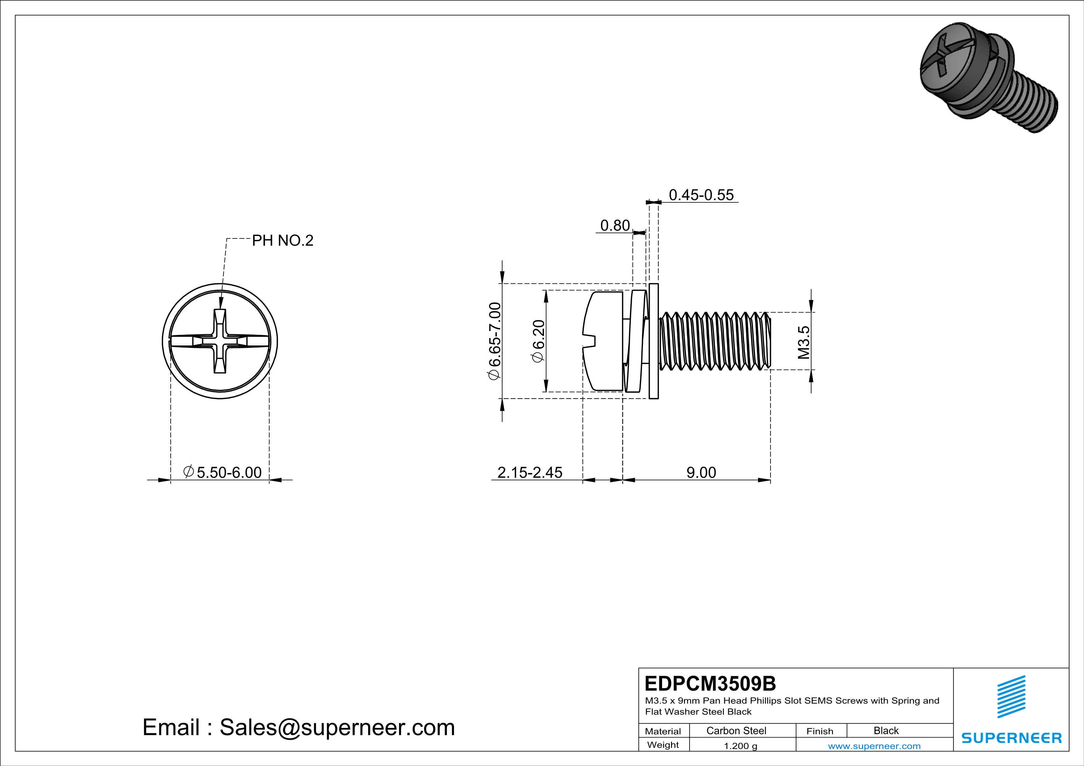 M3.5 x 9mm Pan Head Phillips Slot SEMS Screws with Spring and Flat Washer Steel Black