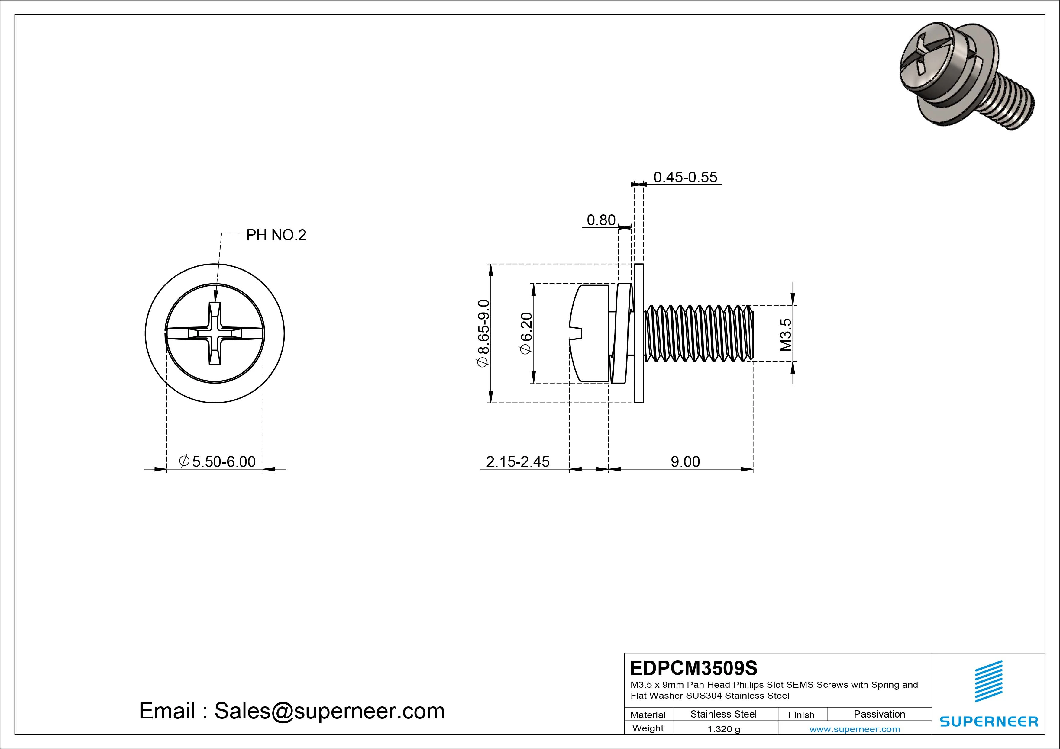 M3.5 x 9mm Pan Head Phillips Slot SEMS Screws with Spring and Flat Washer SUS304 Stainless Steel Inox