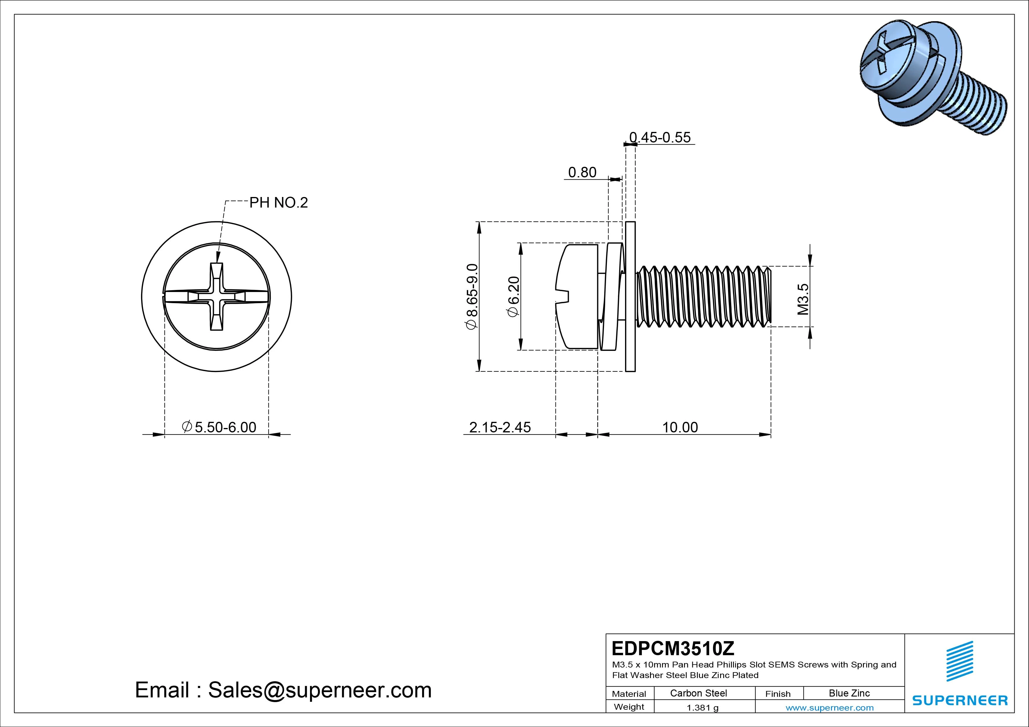 M3.5 x 10mm Pan Head Phillips Slot SEMS Screws with Spring and Flat Washer Steel Blue Zinc Plated
