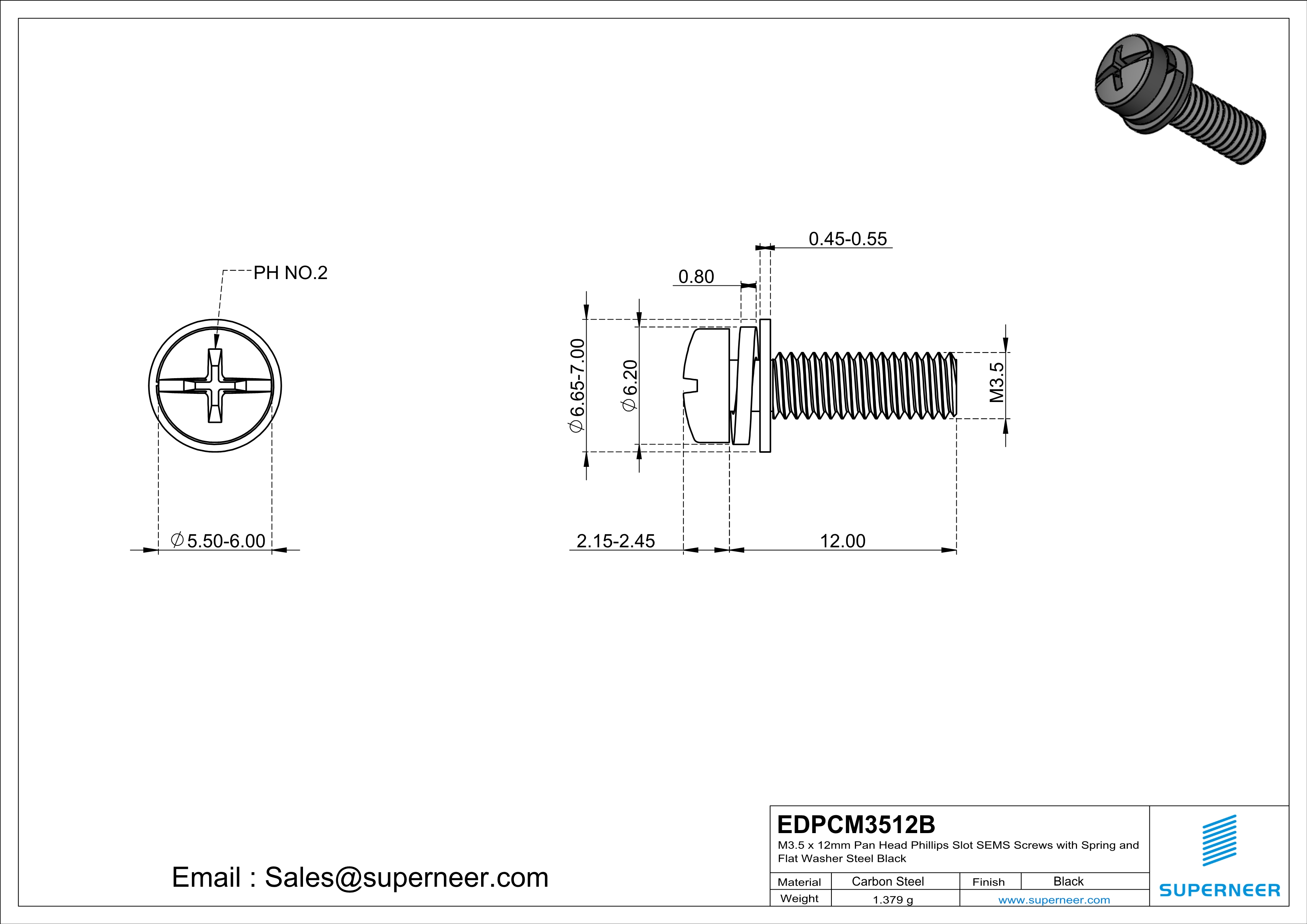 M3.5 x 12mm Pan Head Phillips Slot SEMS Screws with Spring and Flat Washer Steel Black