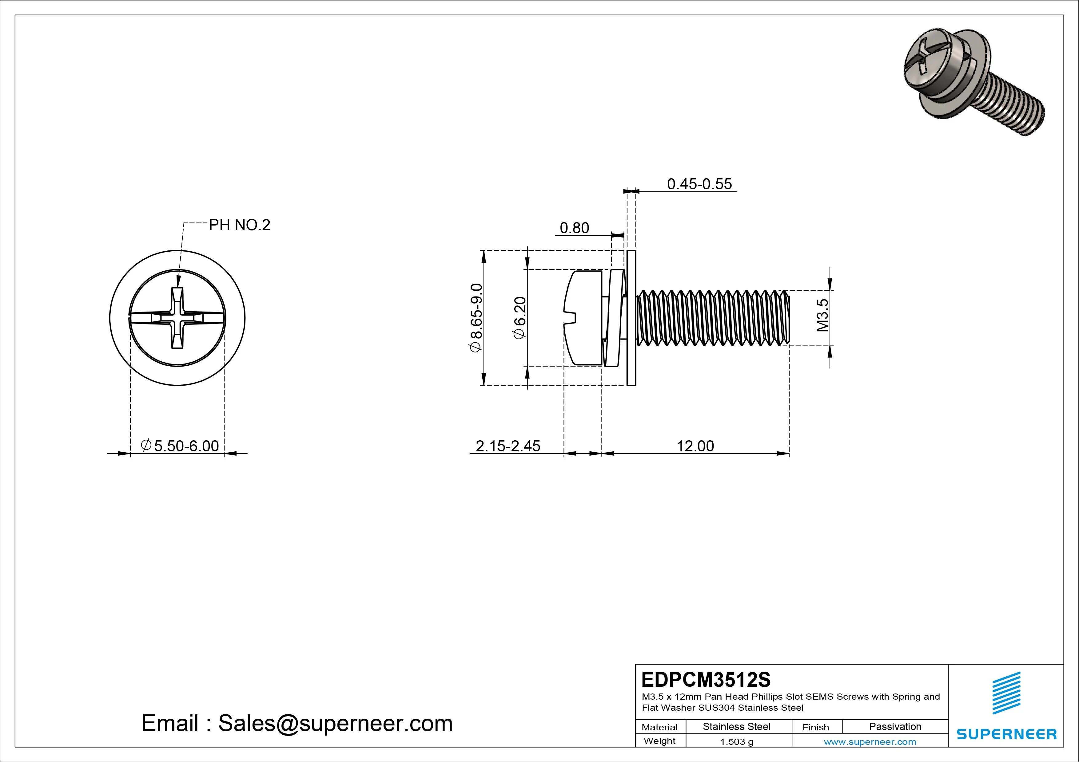 M3.5 x 12mm Pan Head Phillips Slot SEMS Screws with Spring and Flat Washer SUS304 Stainless Steel Inox