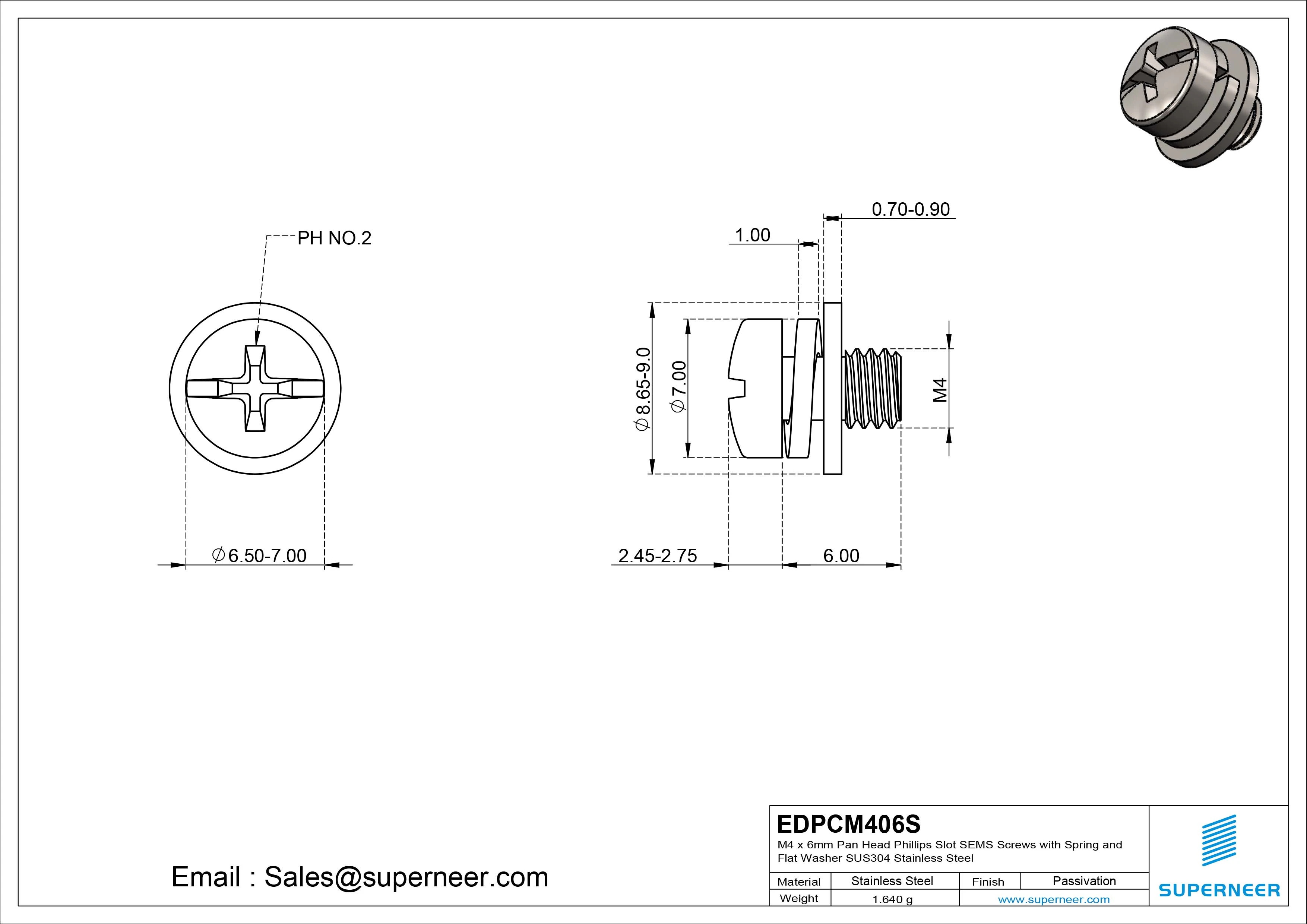 M4 x 6mm Pan Head Phillips Slot SEMS Screws with Spring and Flat Washer SUS304 Stainless Steel Inox