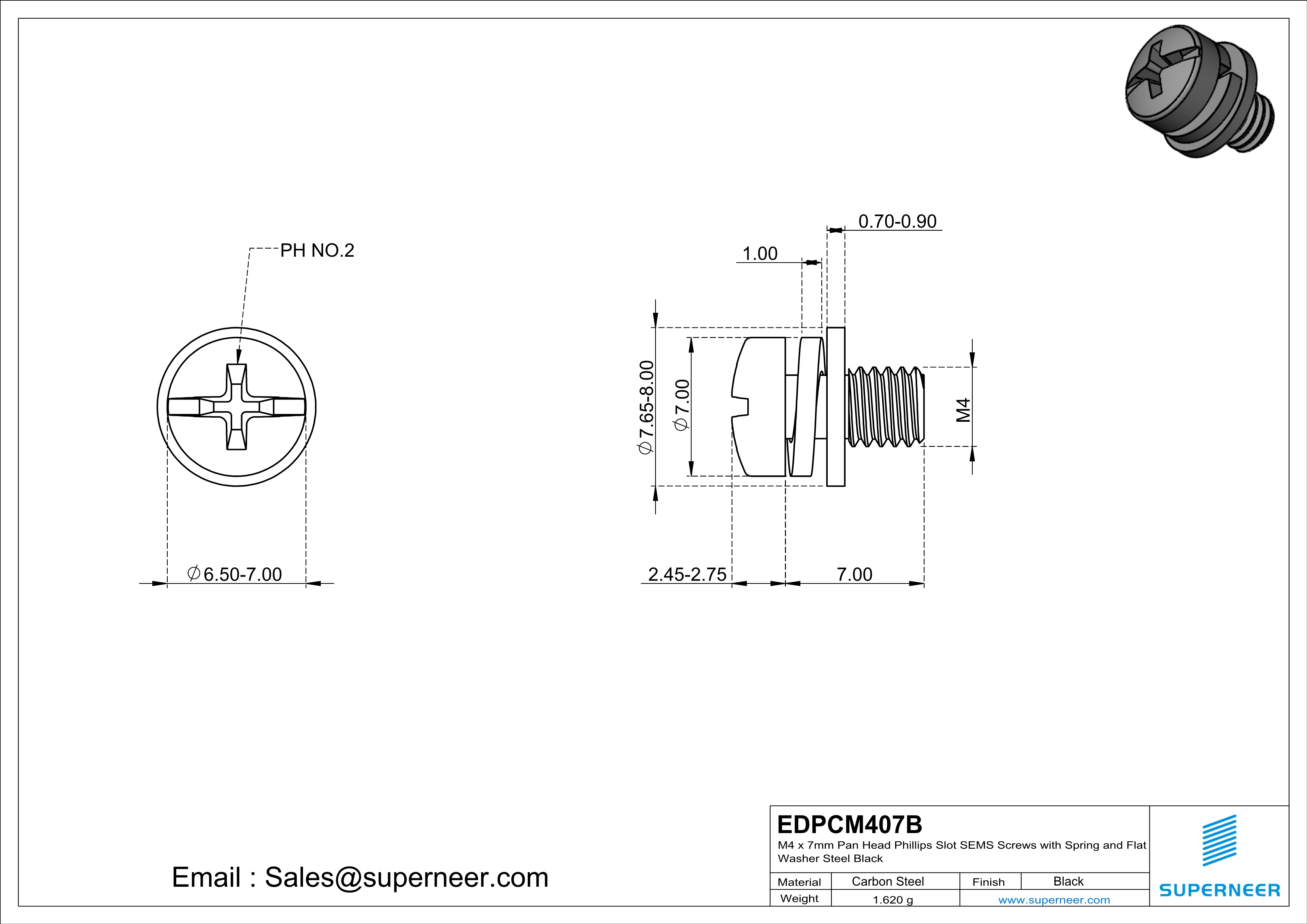 M4 x 7mm Pan Head Phillips Slot SEMS Screws with Spring and Flat Washer Steel Black