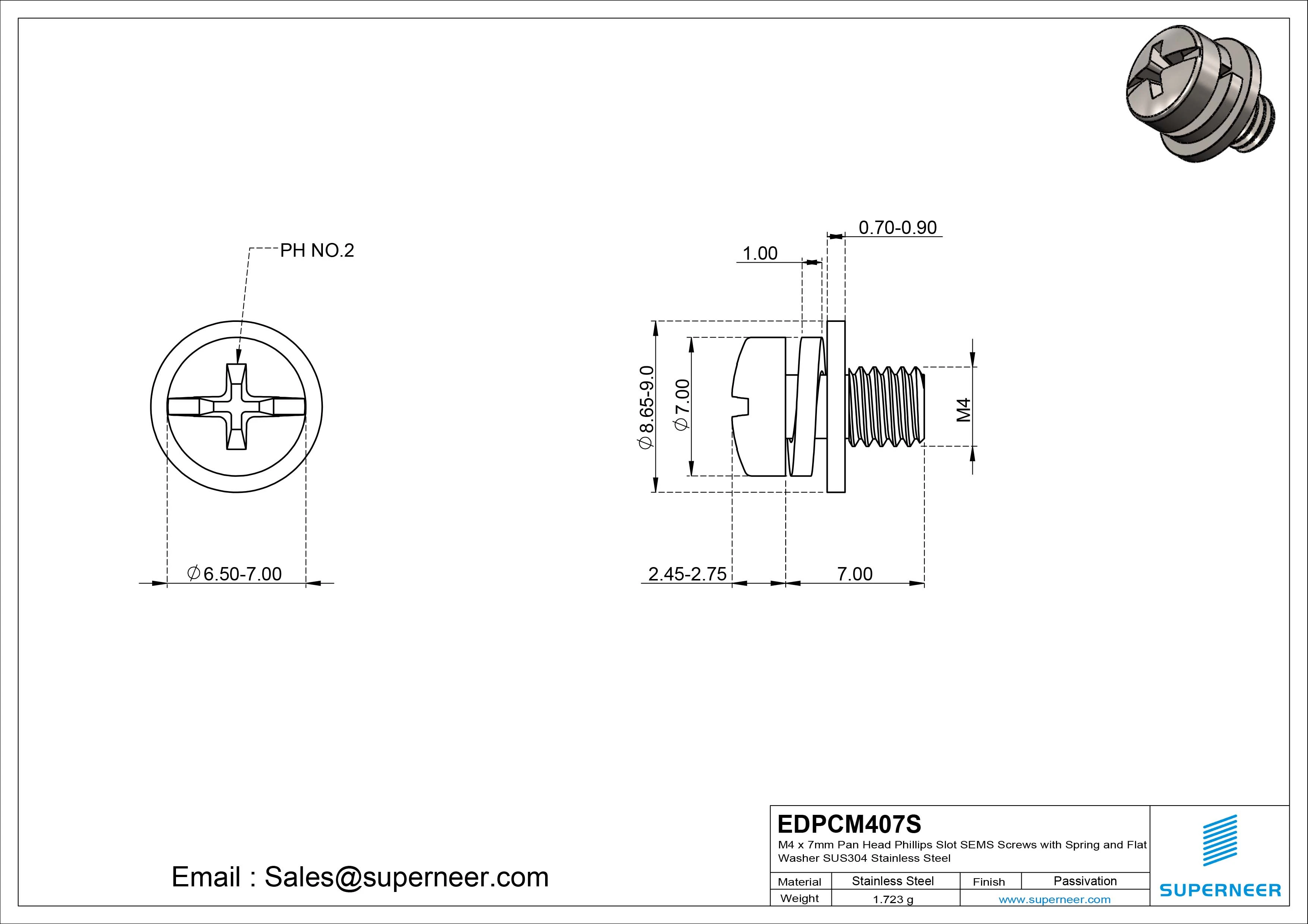 M4 x 7mm Pan Head Phillips Slot SEMS Screws with Spring and Flat Washer SUS304 Stainless Steel Inox