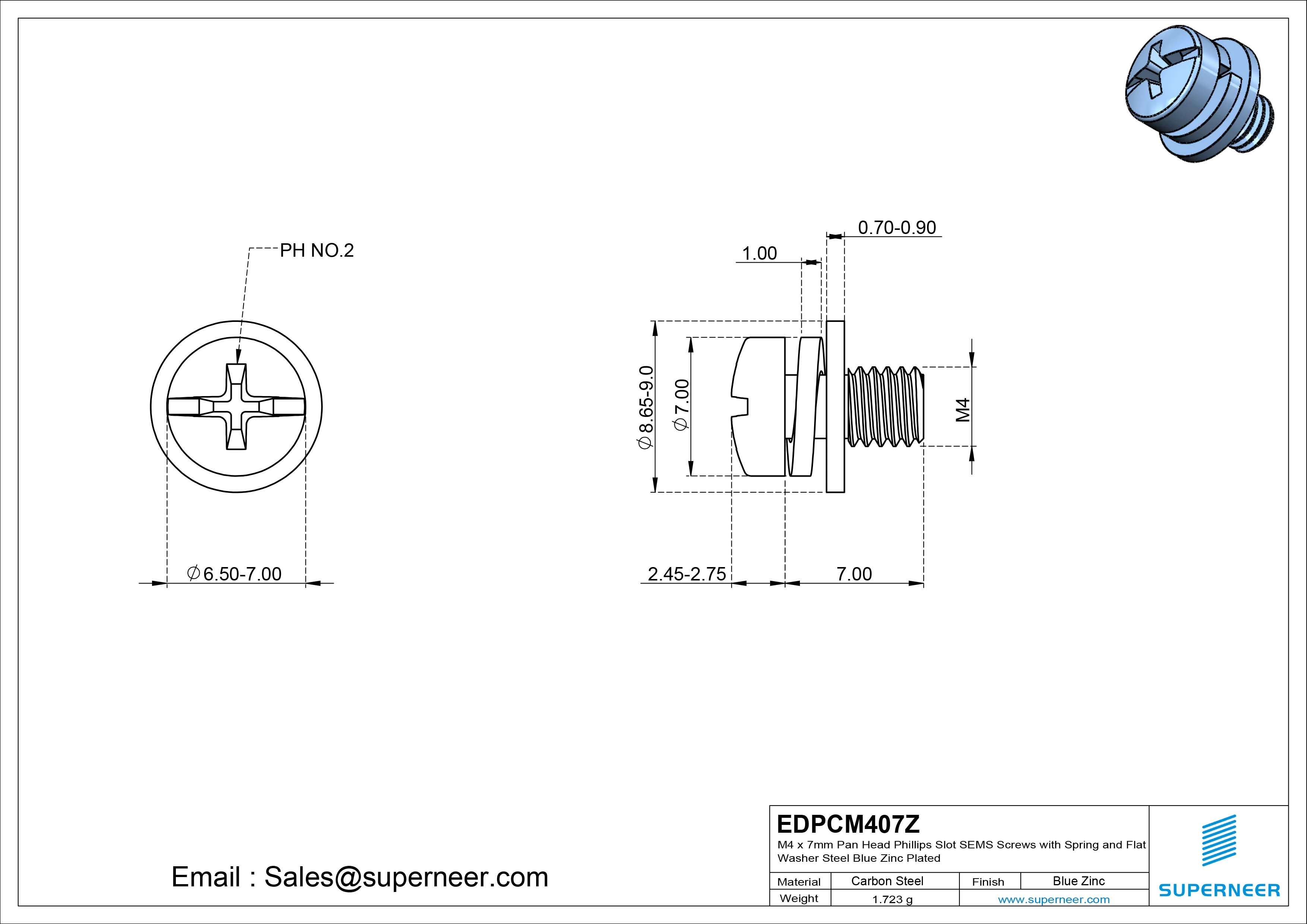 M4 x 7mm Pan Head Phillips Slot SEMS Screws with Spring and Flat Washer Steel Blue Zinc Plated