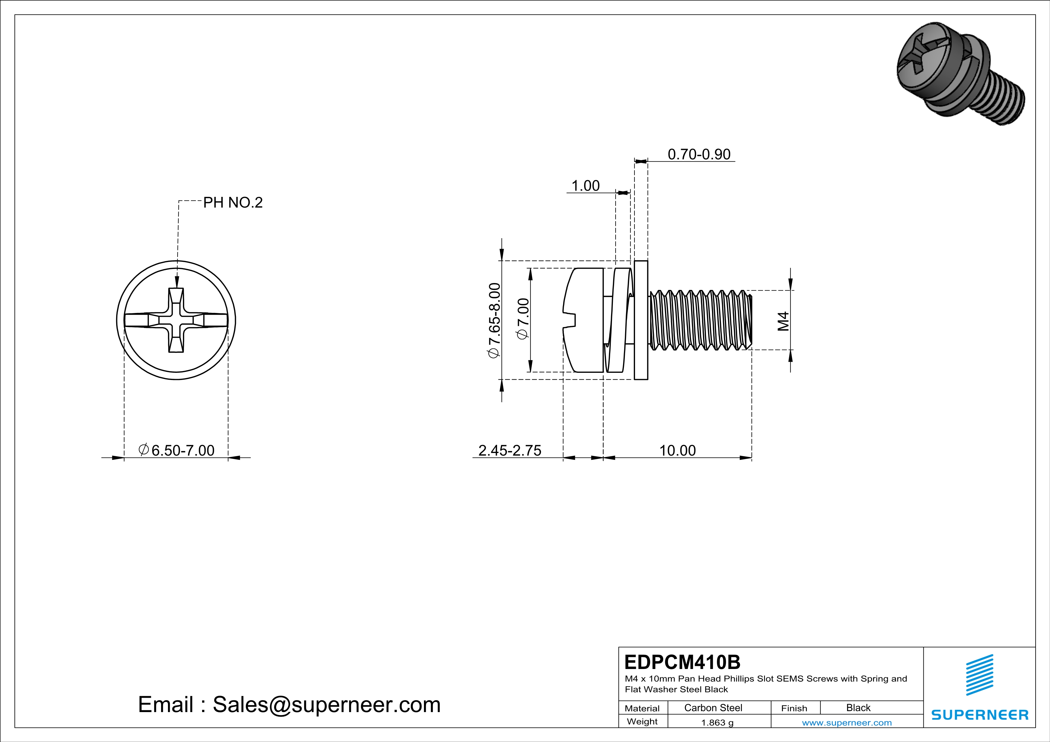 M4 x 10mm Pan Head Phillips Slot SEMS Screws with Spring and Flat Washer Steel Black