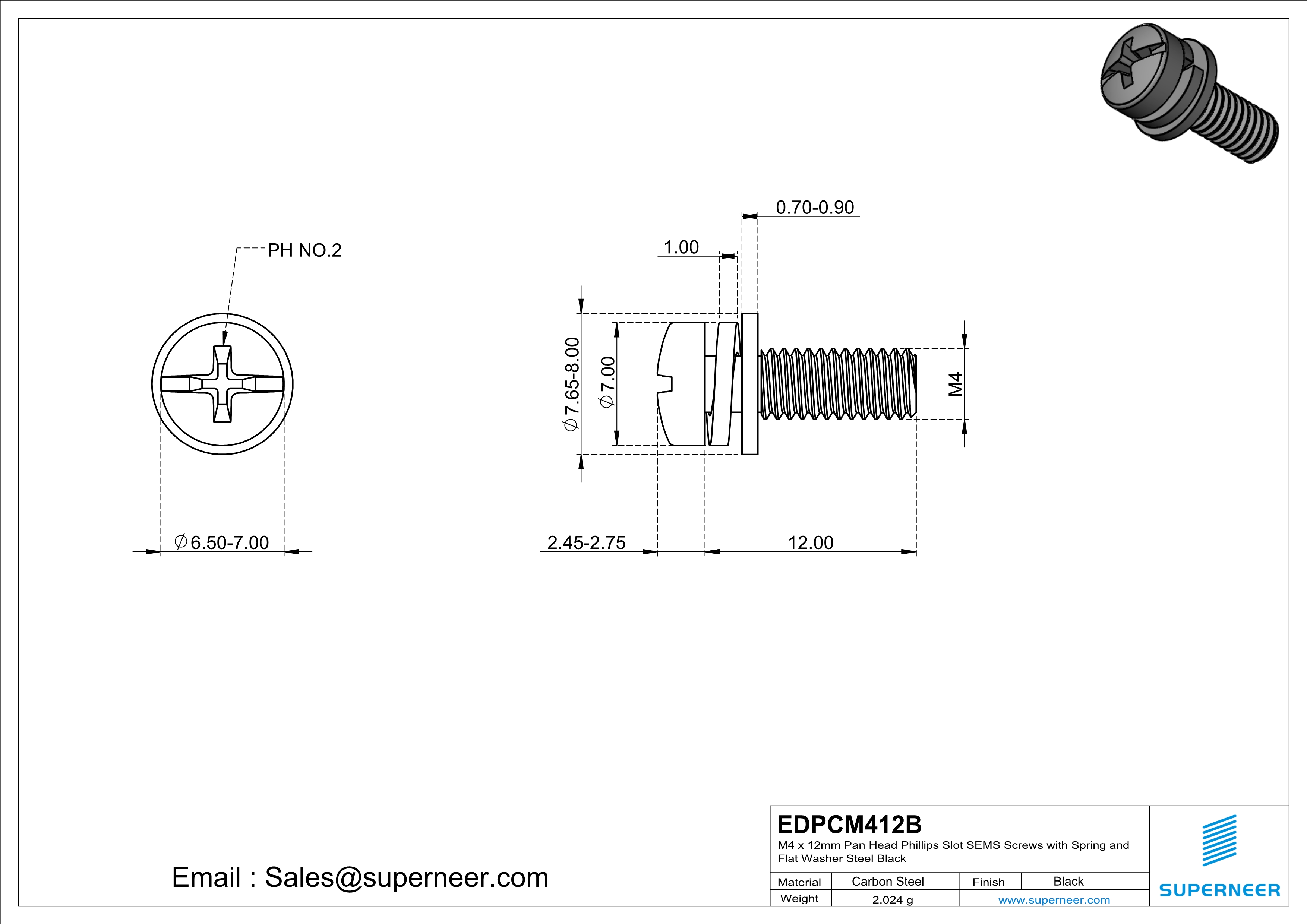 M4 x 12mm Pan Head Phillips Slot SEMS Screws with Spring and Flat Washer Steel Black