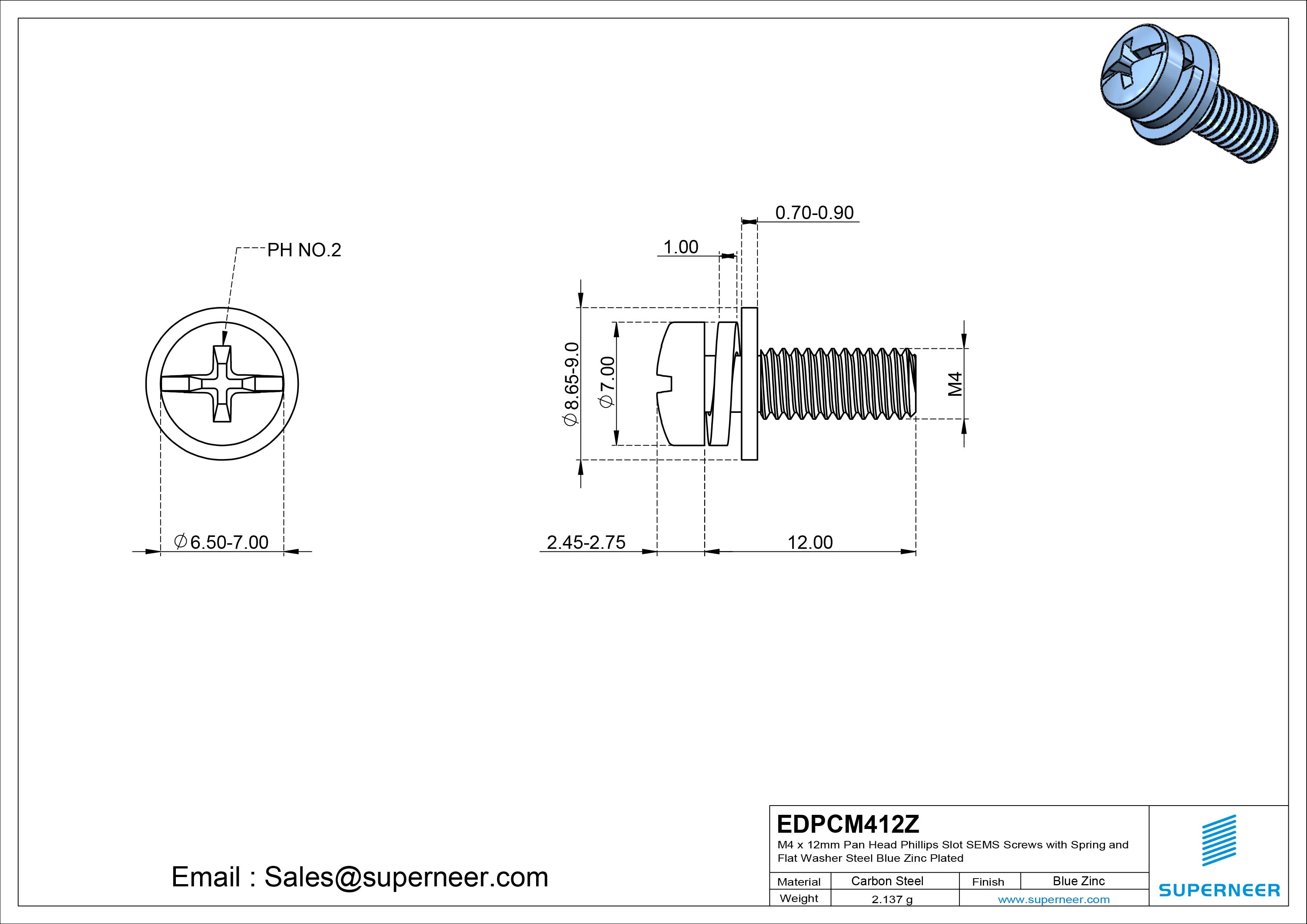M4 x 12mm Pan Head Phillips Slot SEMS Screws with Spring and Flat Washer Steel Blue Zinc Plated