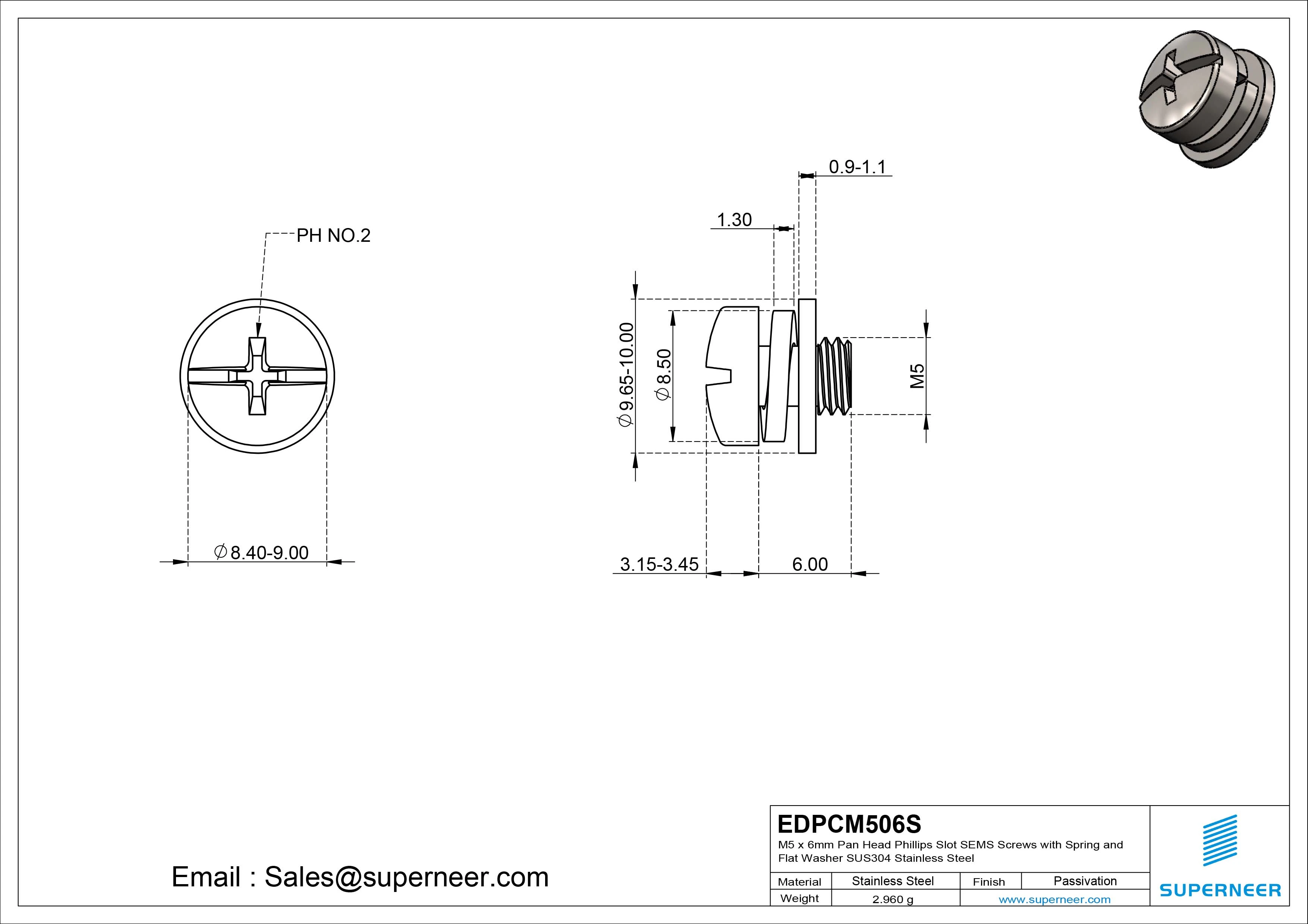 M5 x 6mm Pan Head Phillips Slot SEMS Screws with Spring and Flat Washer SUS304 Stainless Steel Inox
