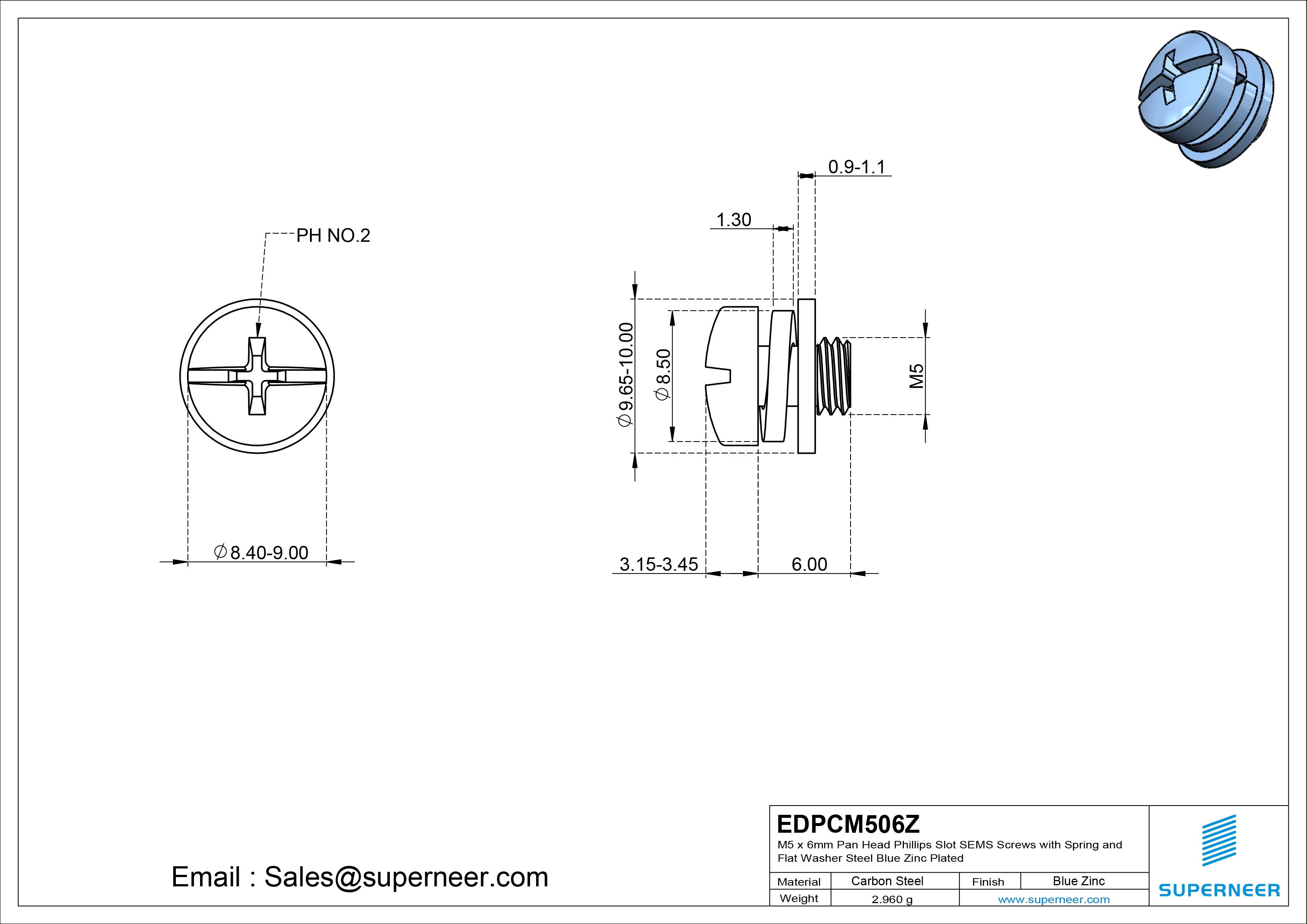 M5 x 6mm Pan Head Phillips Slot SEMS Screws with Spring and Flat Washer Steel Blue Zinc Plated