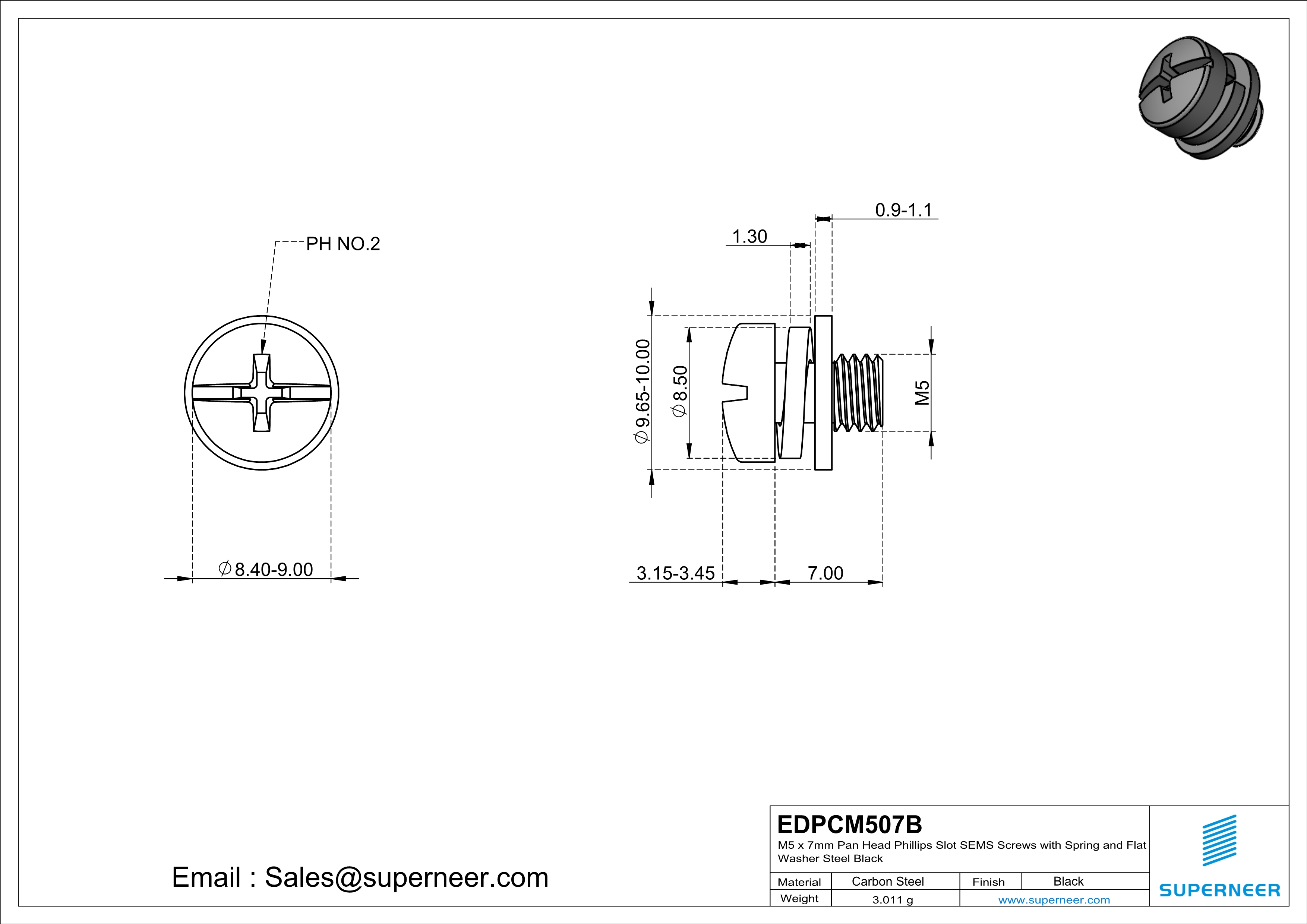 M5 x 7mm Pan Head Phillips Slot SEMS Screws with Spring and Flat Washer Steel Black