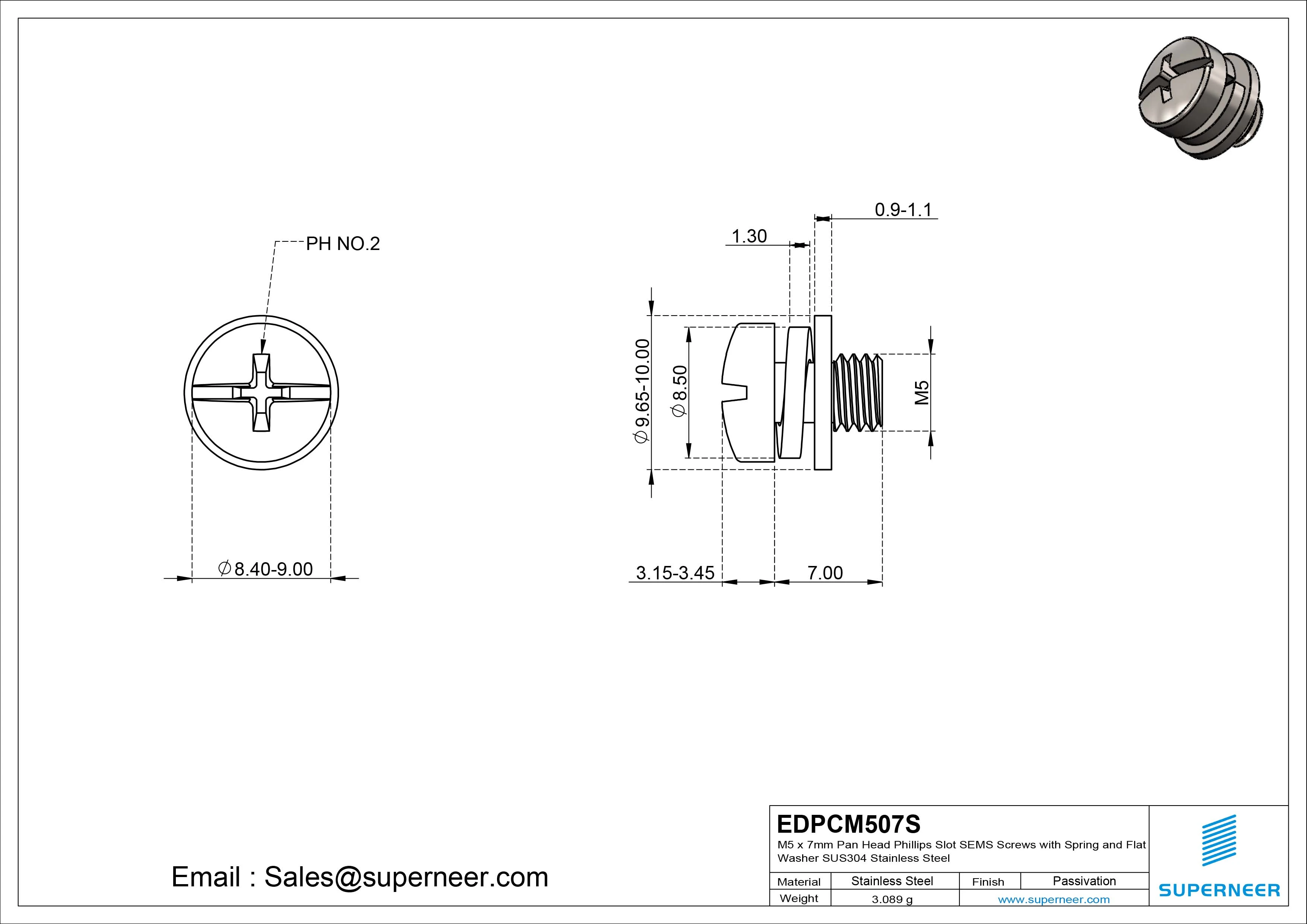 M5 x 7mm Pan Head Phillips Slot SEMS Screws with Spring and Flat Washer SUS304 Stainless Steel Inox