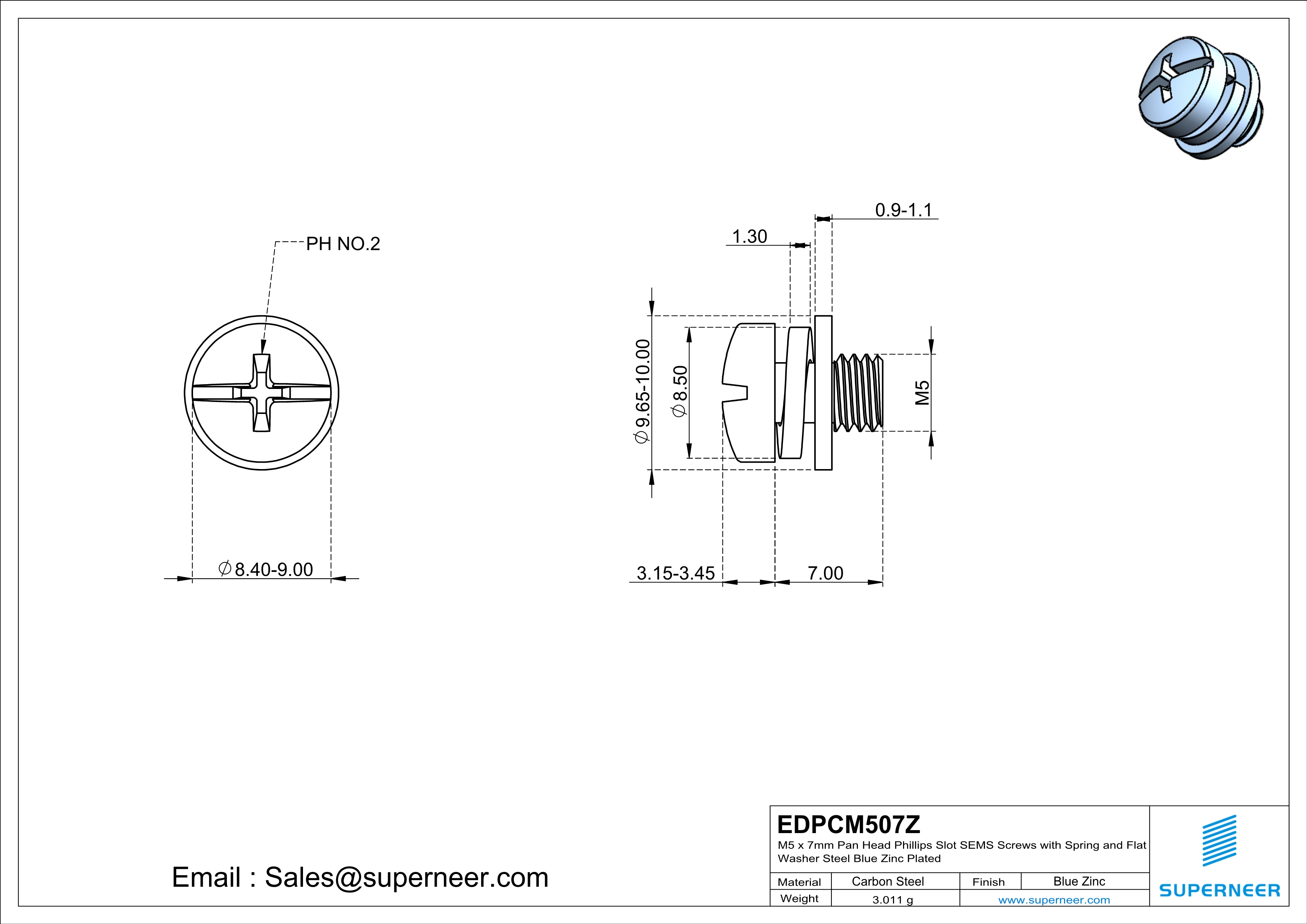 M5 x 7mm Pan Head Phillips Slot SEMS Screws with Spring and Flat Washer Steel Blue Zinc Plated