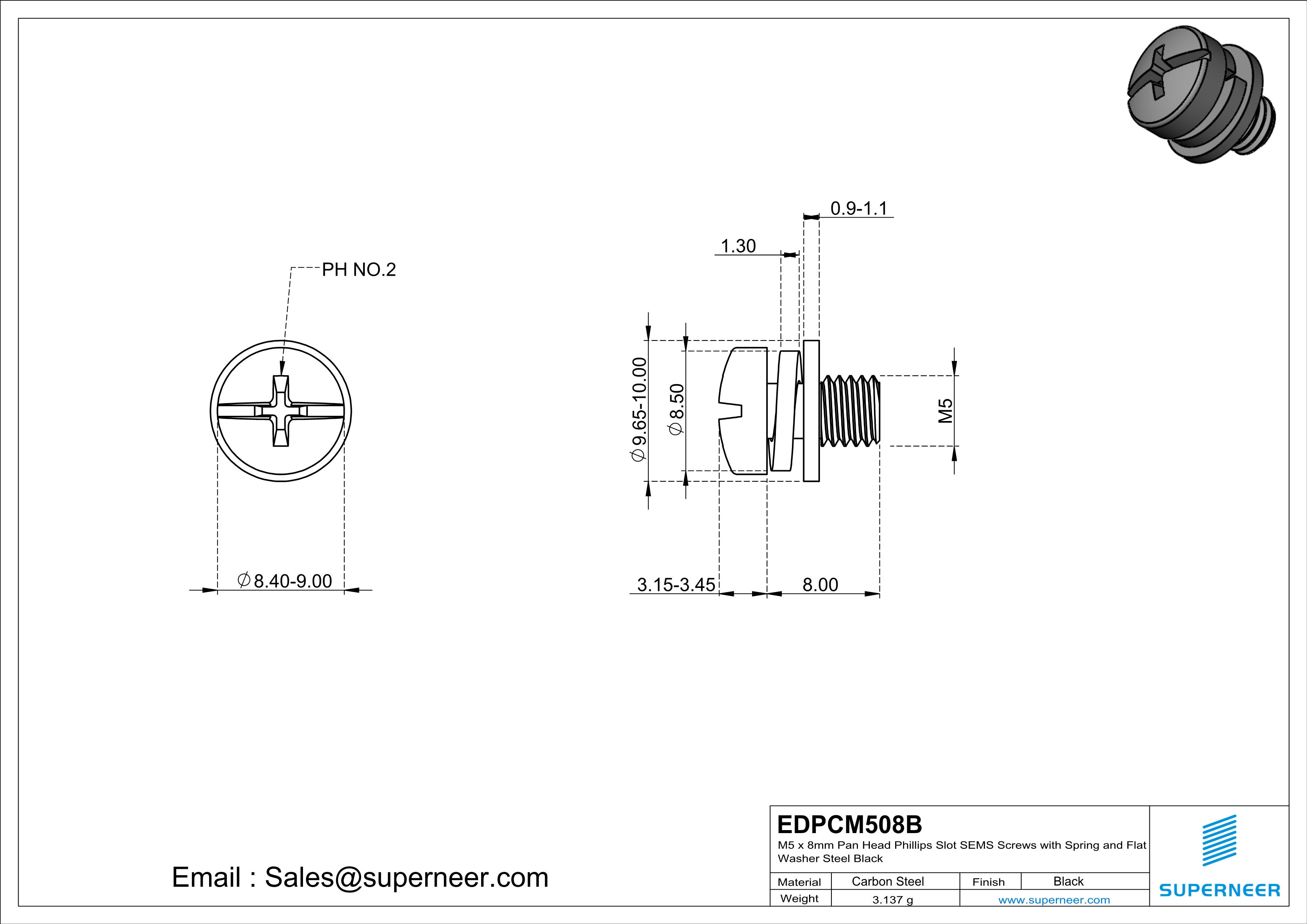 M5 x 8mm Pan Head Phillips Slot SEMS Screws with Spring and Flat Washer Steel Black