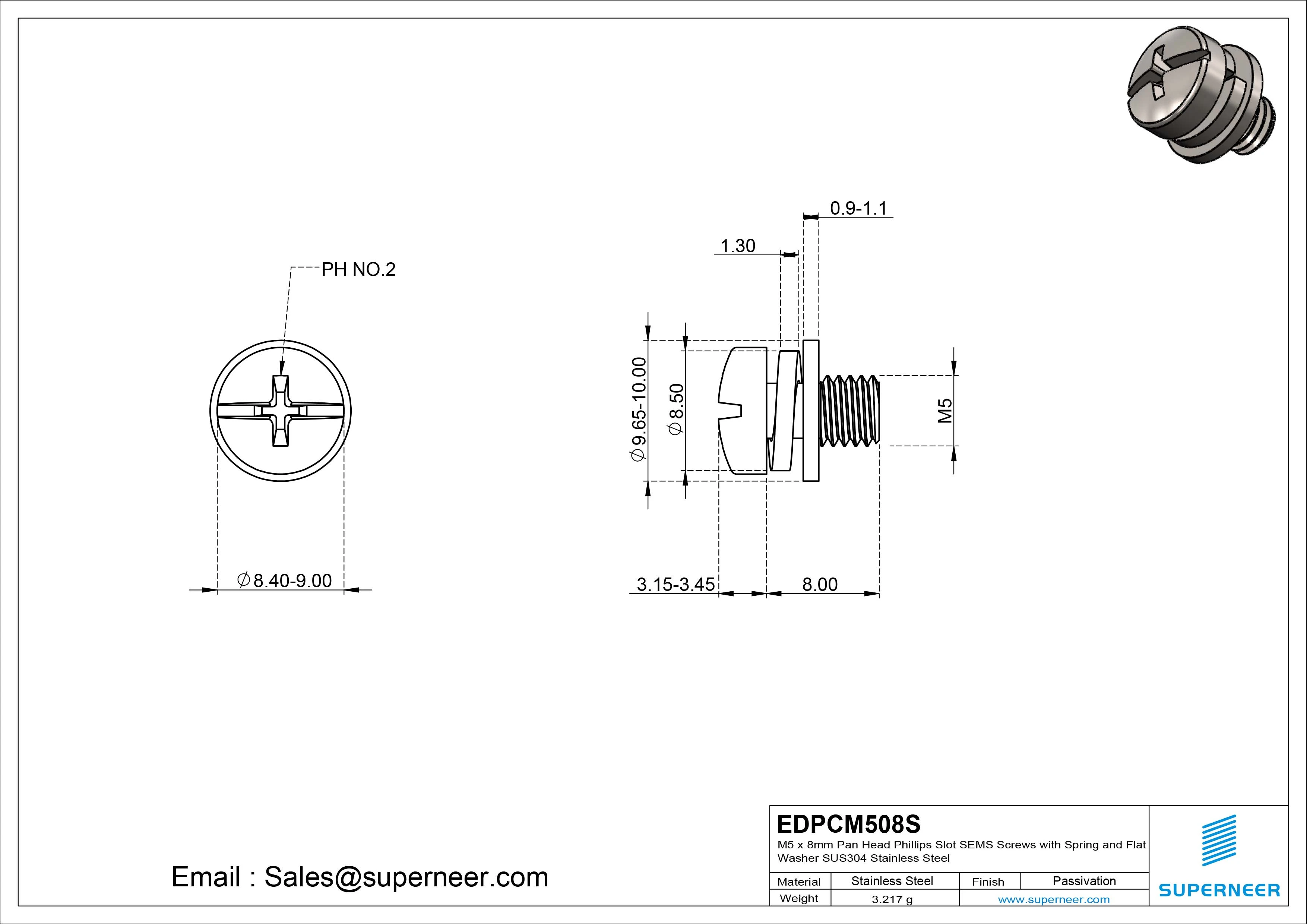 M5 x 8mm Pan Head Phillips Slot SEMS Screws with Spring and Flat Washer SUS304 Stainless Steel Inox