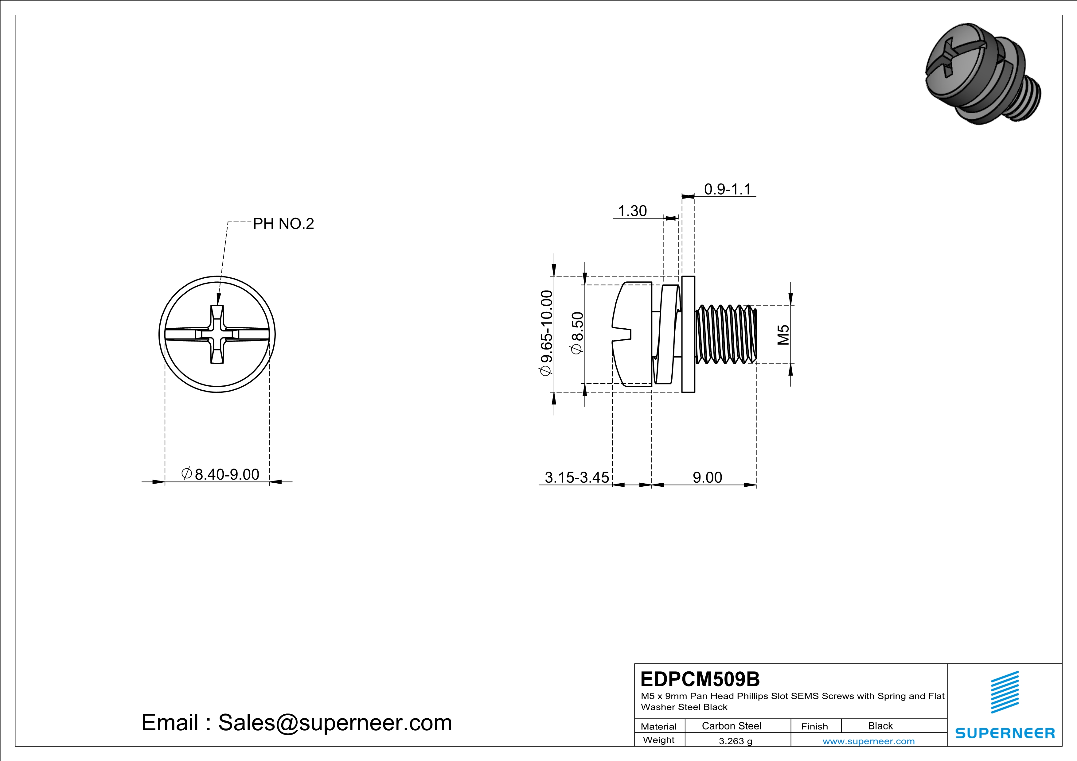 M5 x 9mm Pan Head Phillips Slot SEMS Screws with Spring and Flat Washer Steel Black