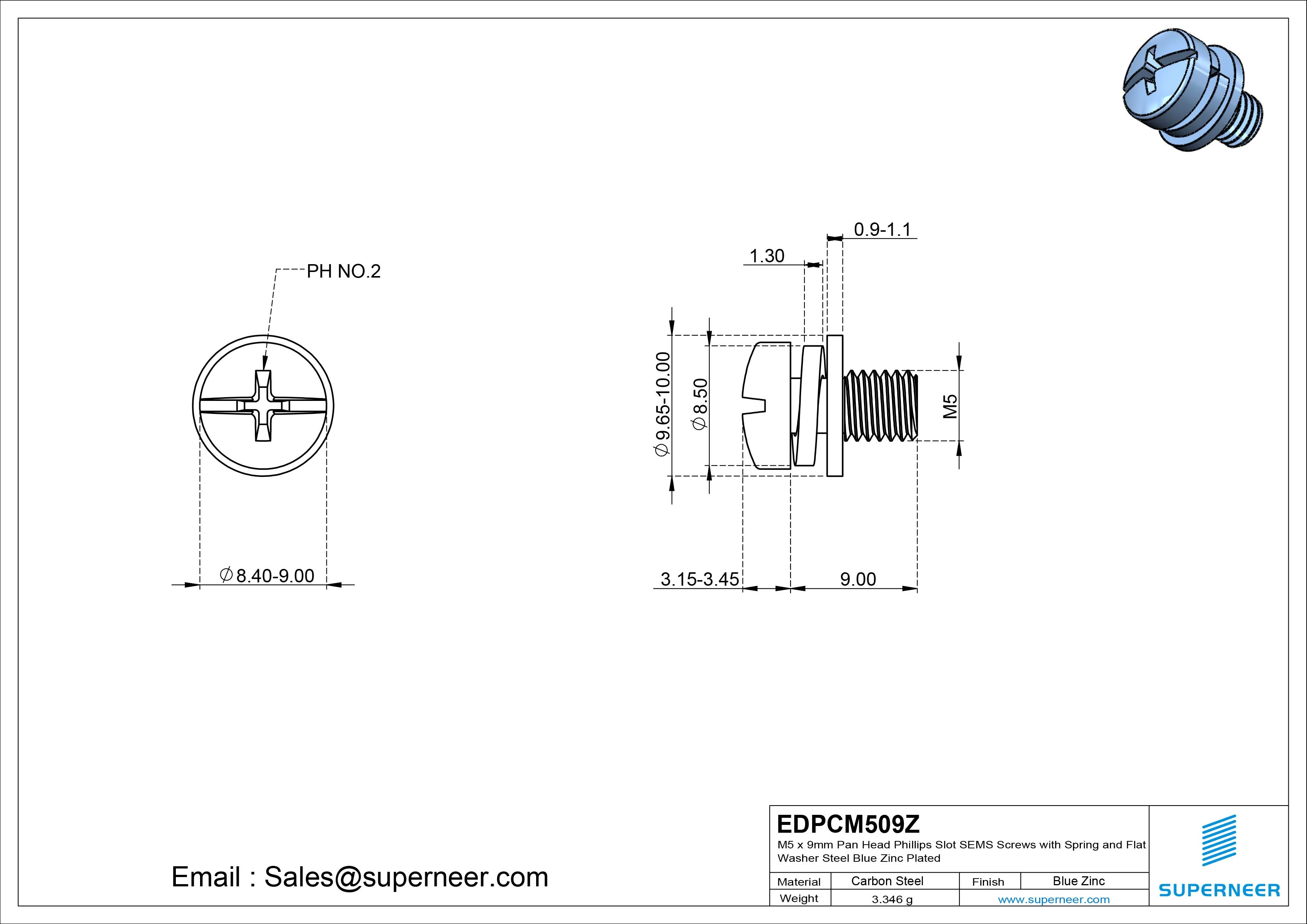 M5 x 9mm Pan Head Phillips Slot SEMS Screws with Spring and Flat Washer Steel Blue Zinc Plated