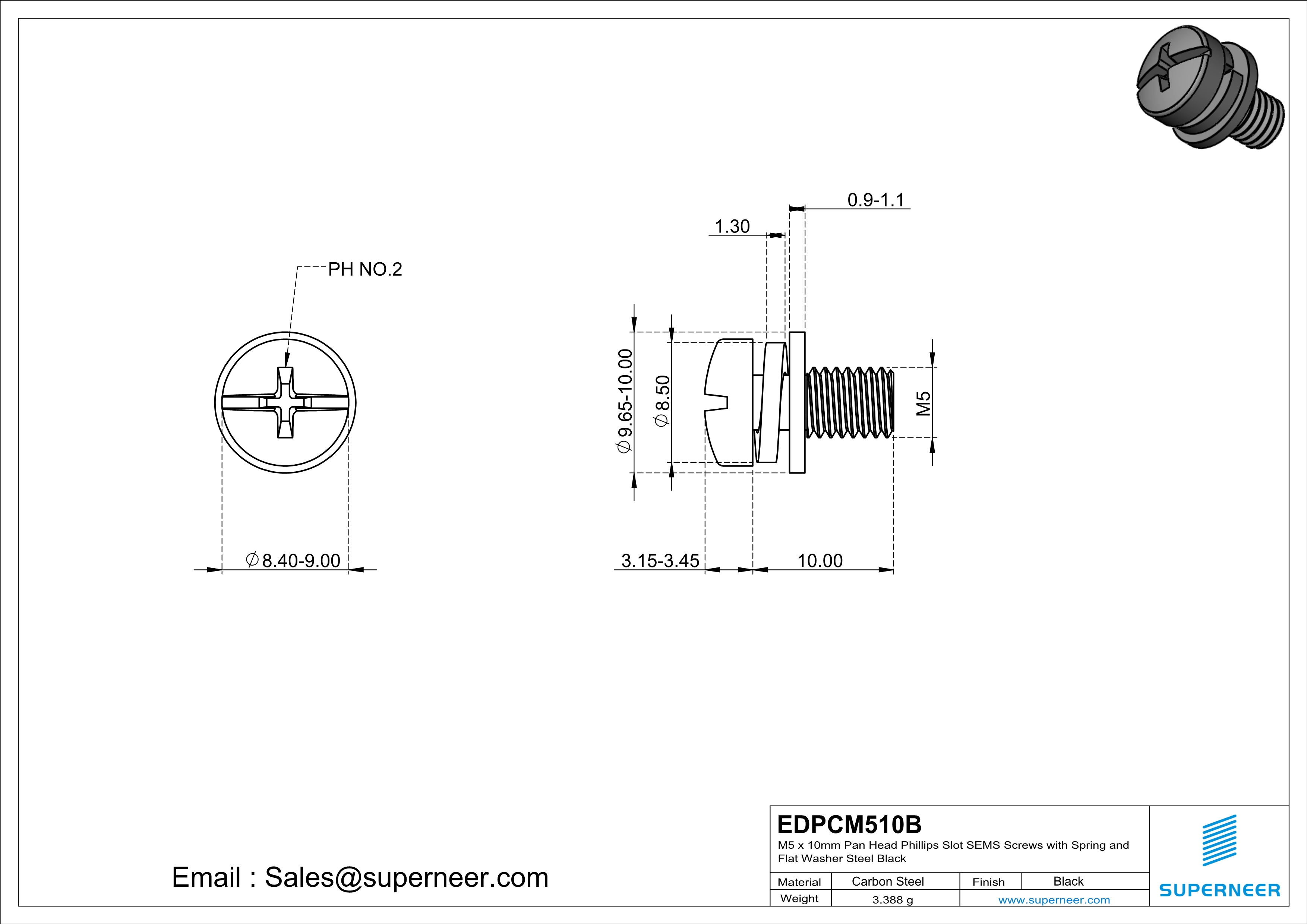 M5 x 10mm Pan Head Phillips Slot SEMS Screws with Spring and Flat Washer Steel Black