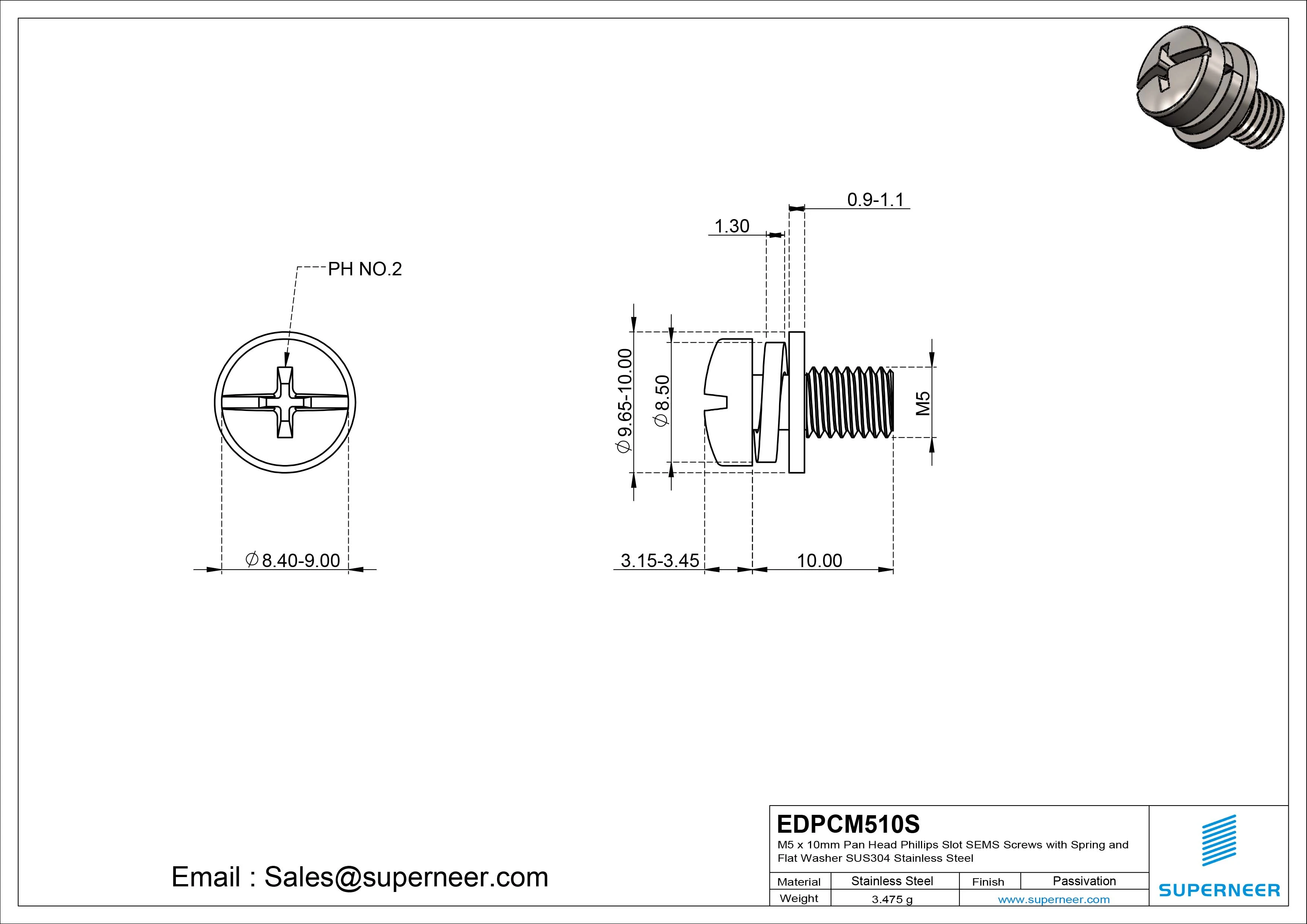 M5 x 10mm Pan Head Phillips Slot SEMS Screws with Spring and Flat Washer SUS304 Stainless Steel Inox