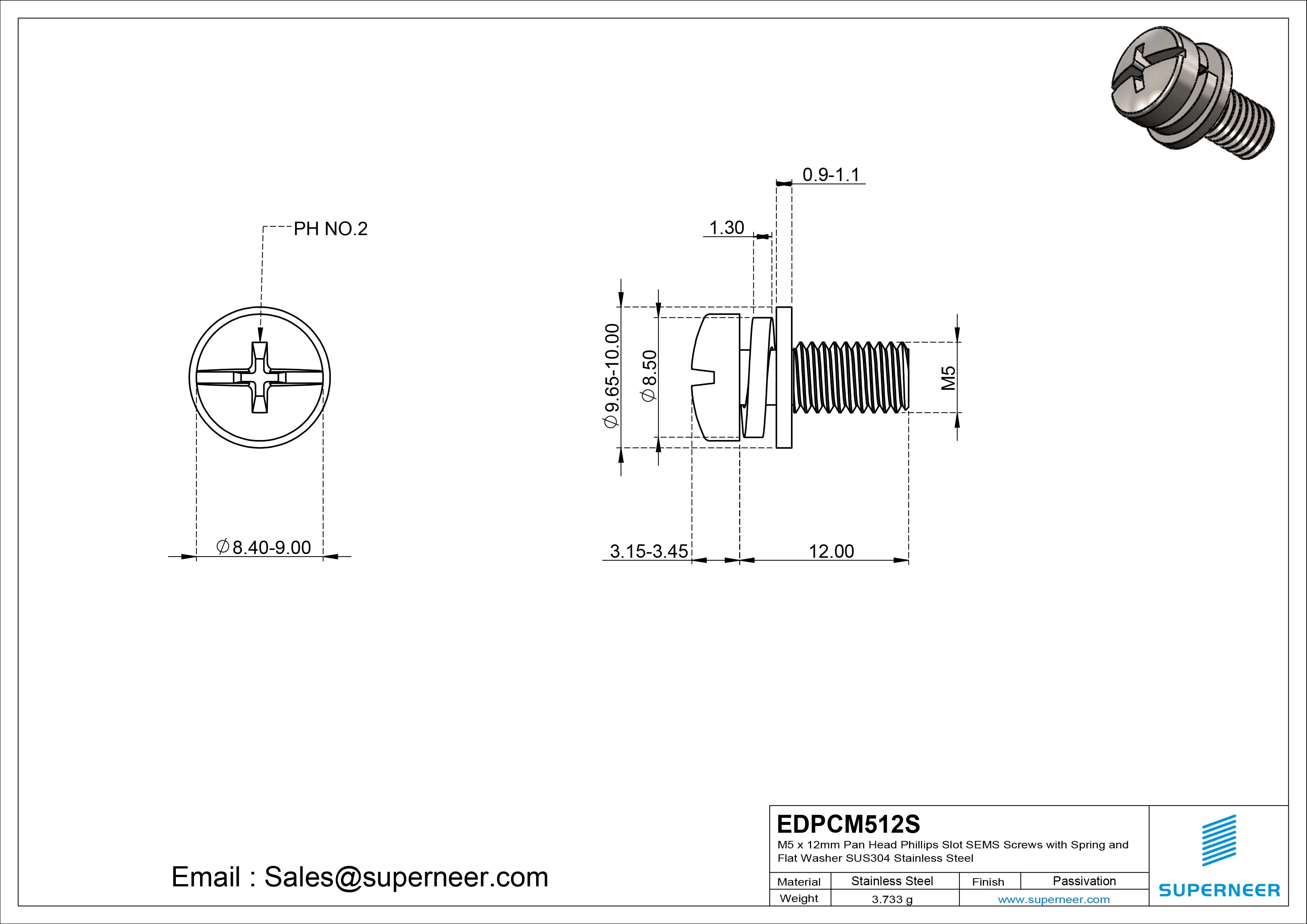 M5 x 12mm Pan Head Phillips Slot SEMS Screws with Spring and Flat Washer SUS304 Stainless Steel Inox