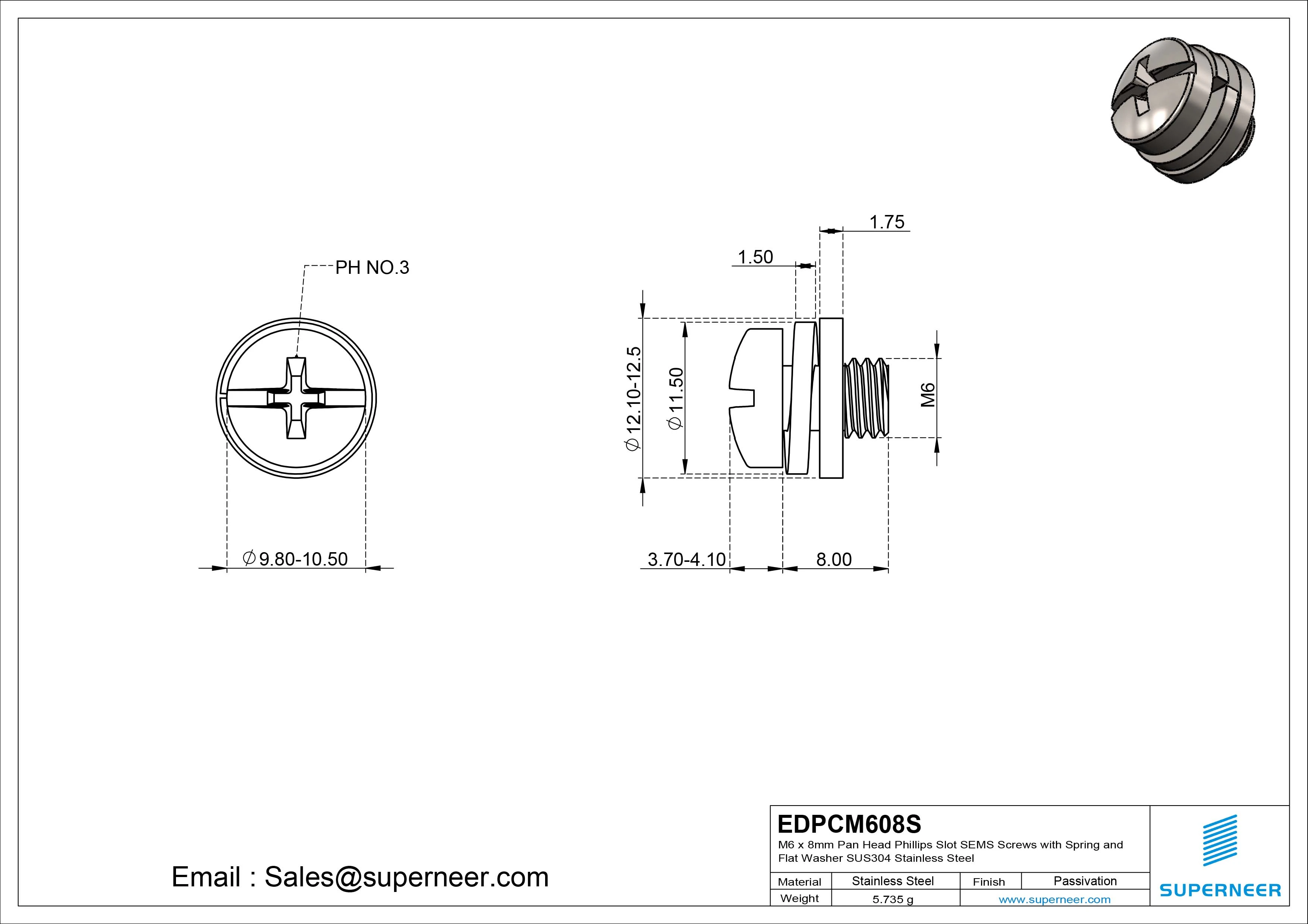 M6 x 8mm Pan Head Phillips Slot SEMS Screws with Spring and Flat Washer SUS304 Stainless Steel Inox