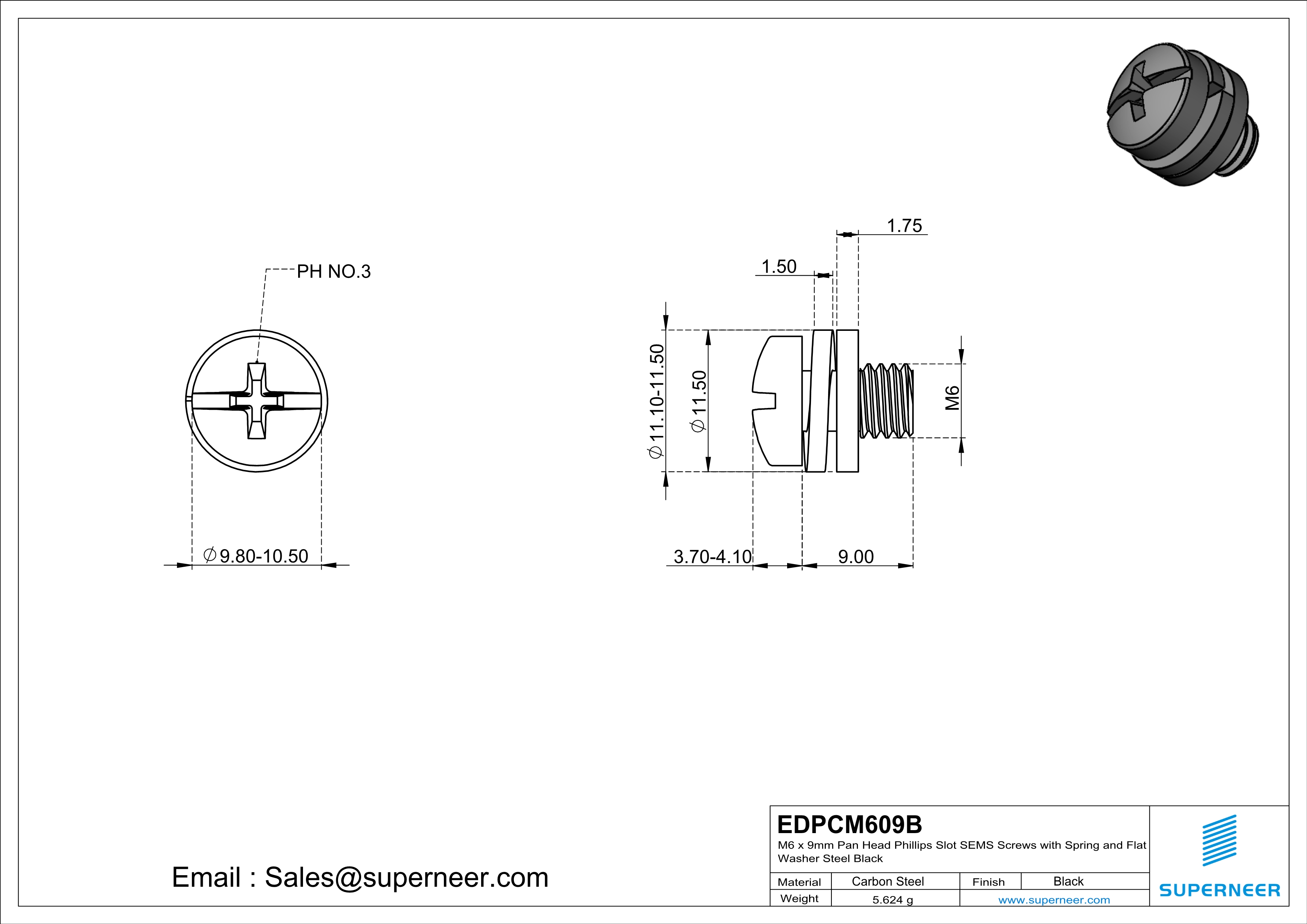 M6 x 9mm Pan Head Phillips Slot SEMS Screws with Spring and Flat Washer Steel Black