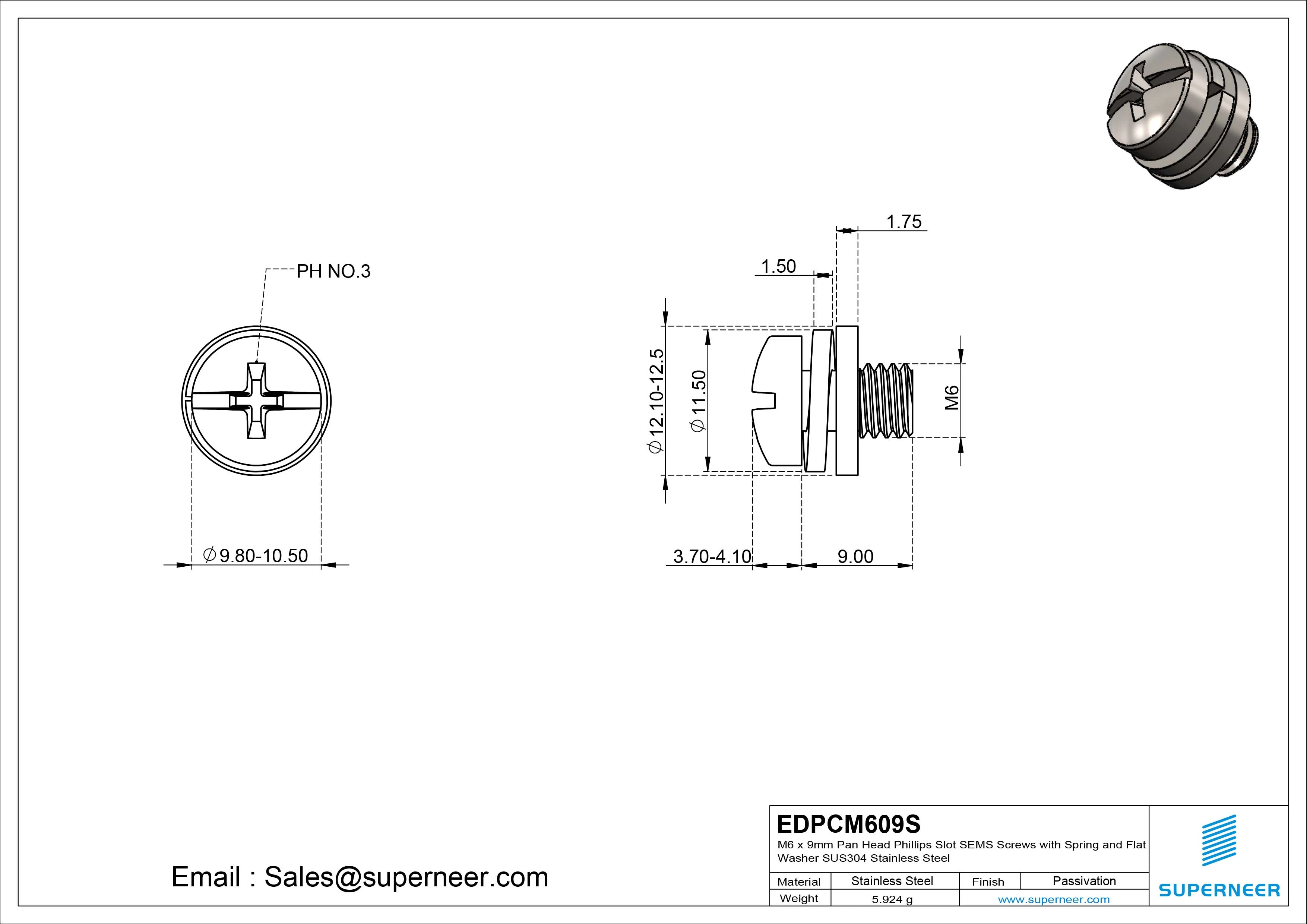 M6 x 9mm Pan Head Phillips Slot SEMS Screws with Spring and Flat Washer SUS304 Stainless Steel Inox