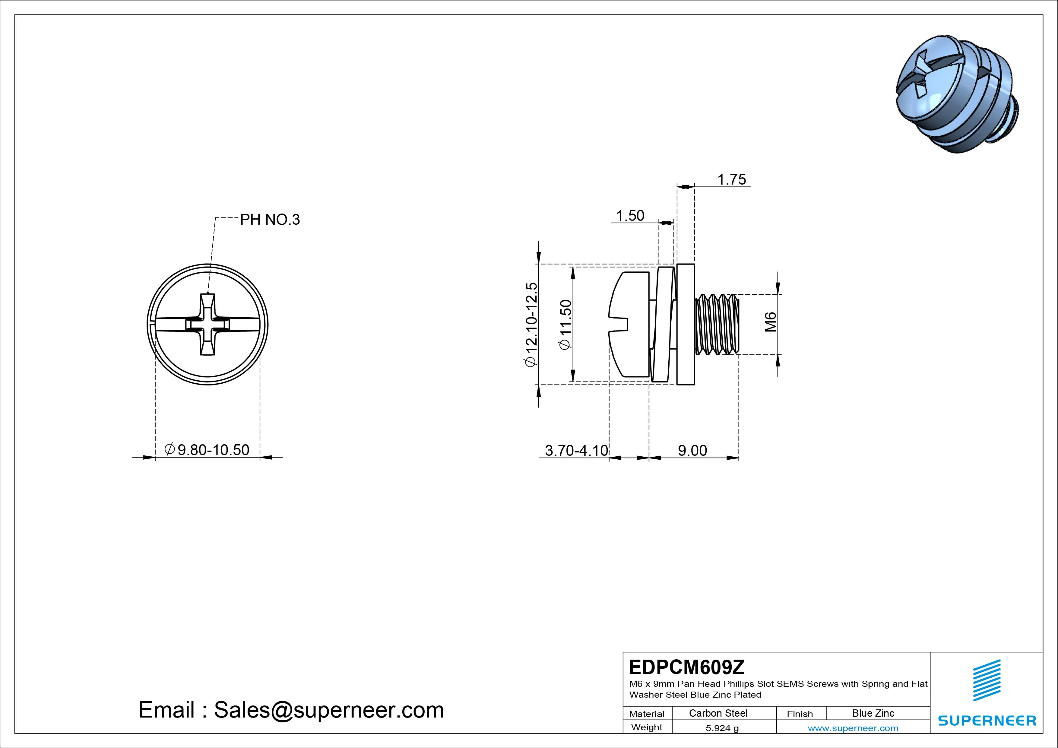 M6 x 9mm Pan Head Phillips Slot SEMS Screws with Spring and Flat Washer Steel Blue Zinc Plated